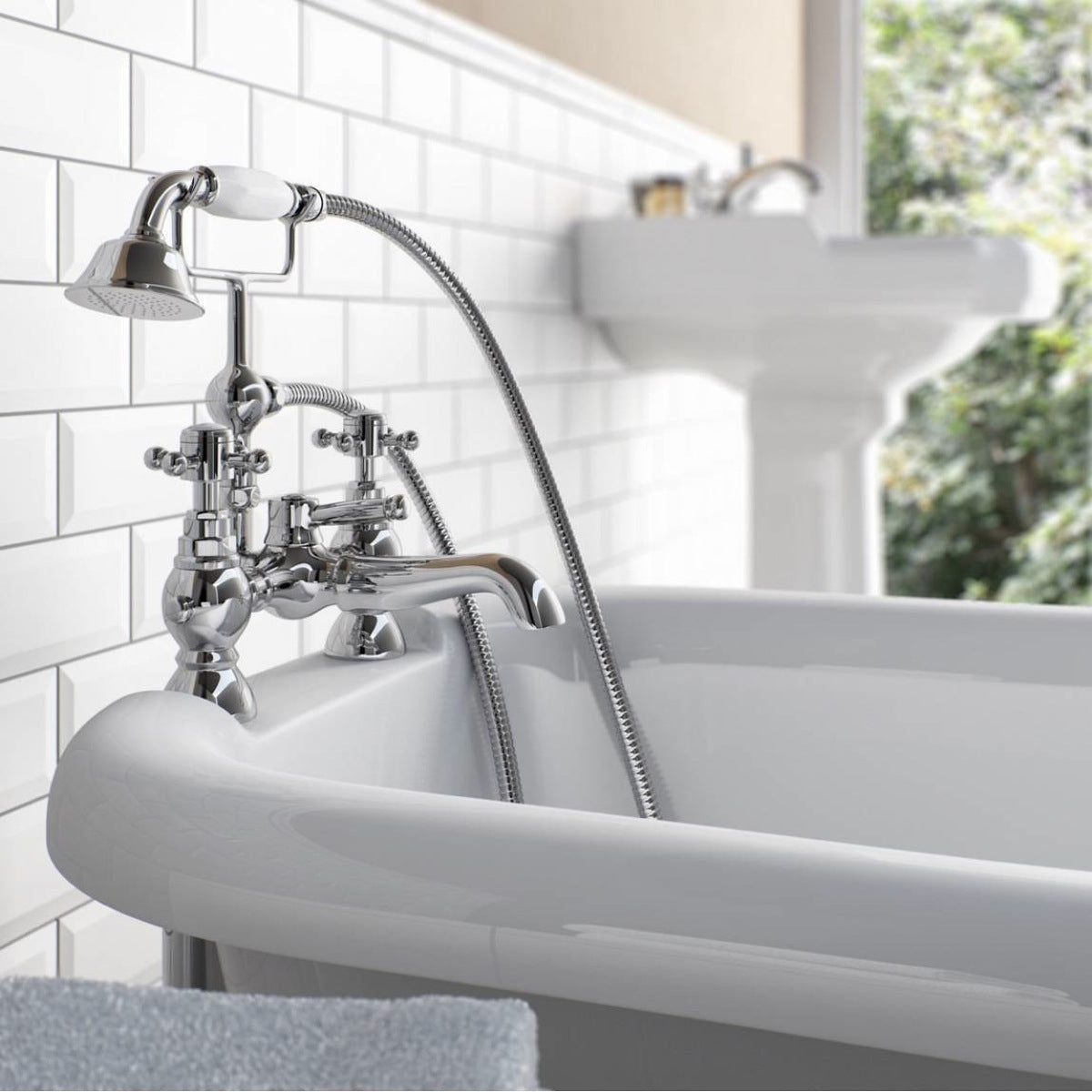 Churchill Traditional Set Of Hot & Cold Basin Taps And Bath Shower Mixer Tap With Handheld Kit
