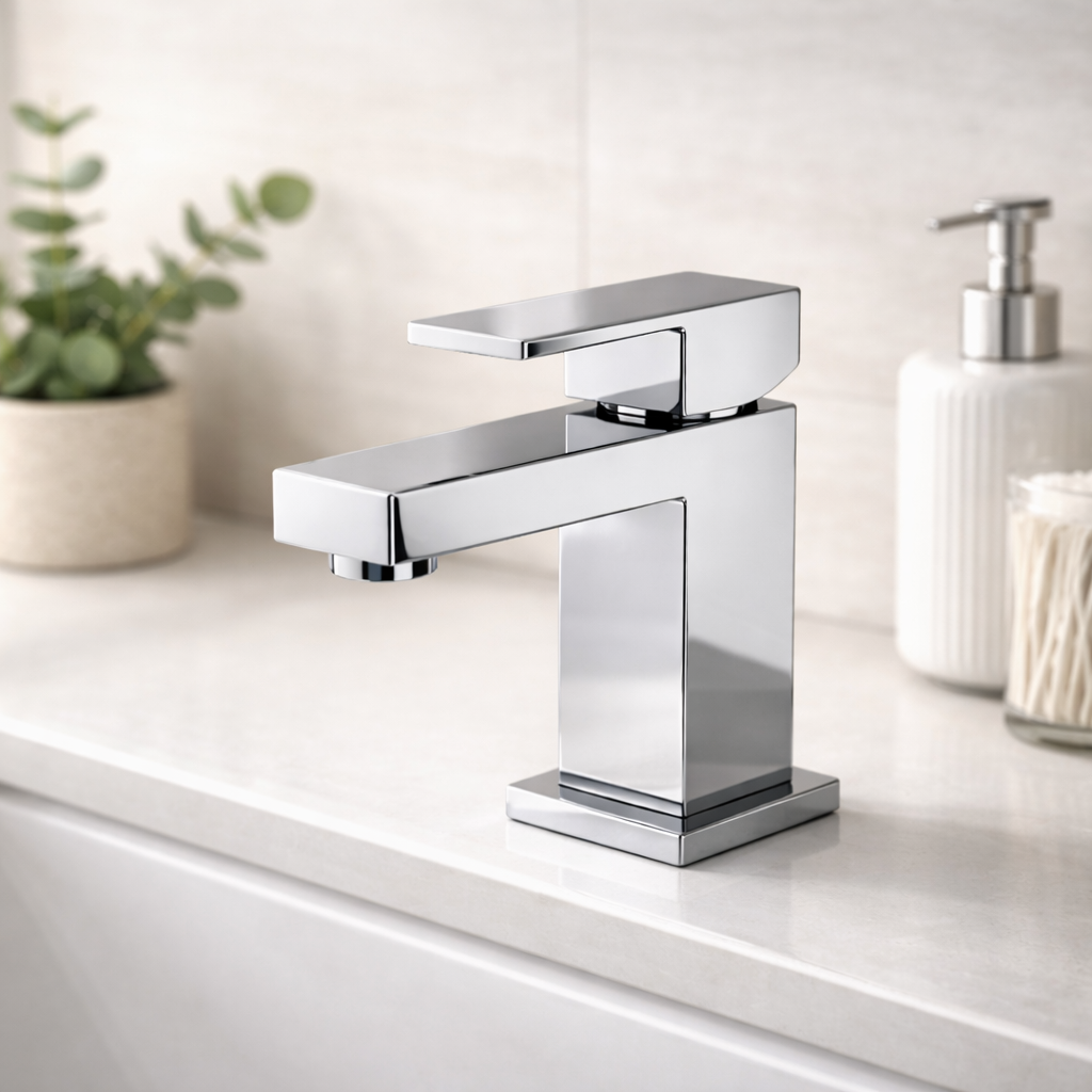 Cube Square Freestanding Bath Shower Mixer Tap, Basin Sink Mixer Tap & Push Button Slotted Basin Waste Set