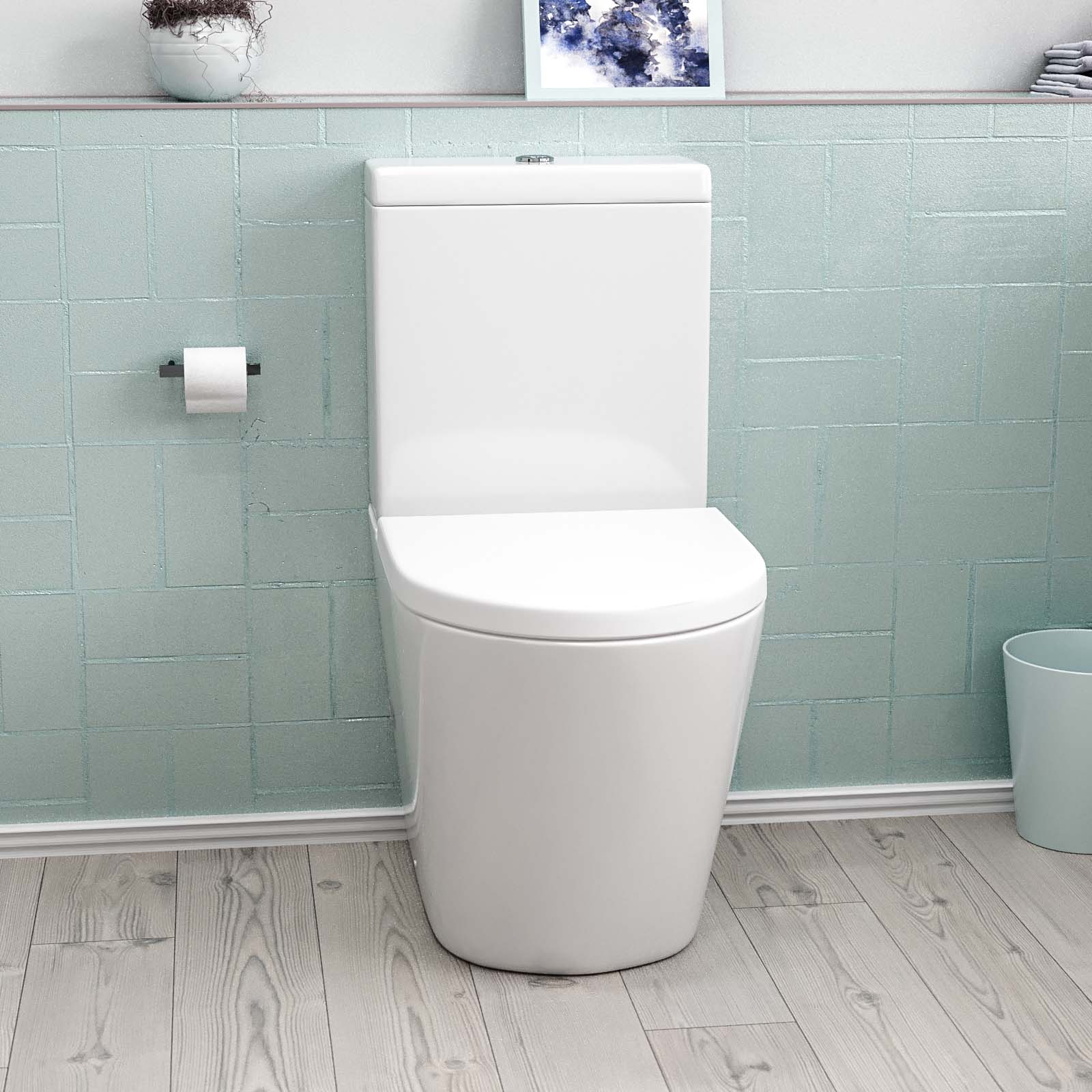 Modern Round Rimless Closed Coupled WC Toilet With Cistern And Soft Close Seat
