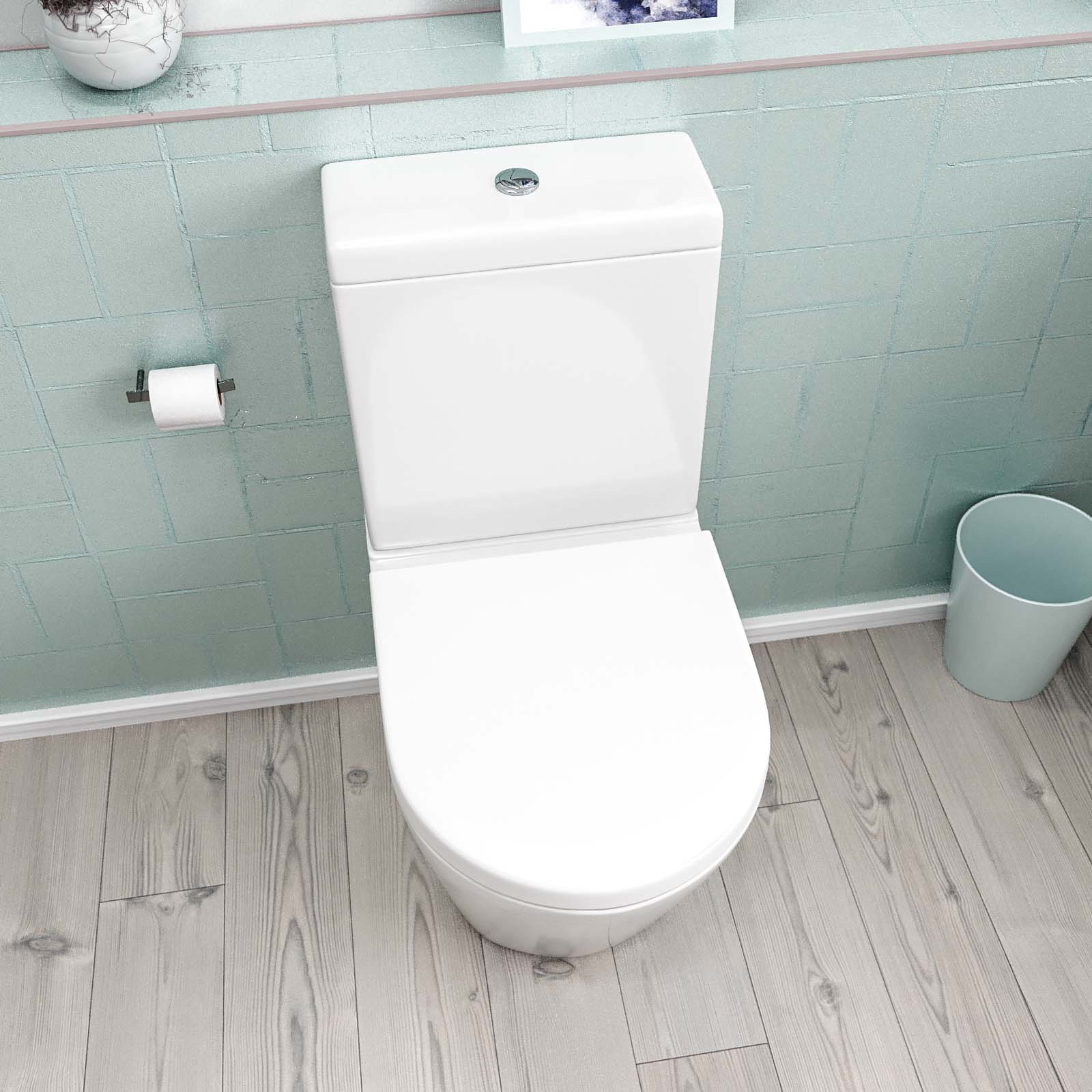 Modern Round Rimless Closed Coupled WC Toilet With Cistern And Soft Close Seat