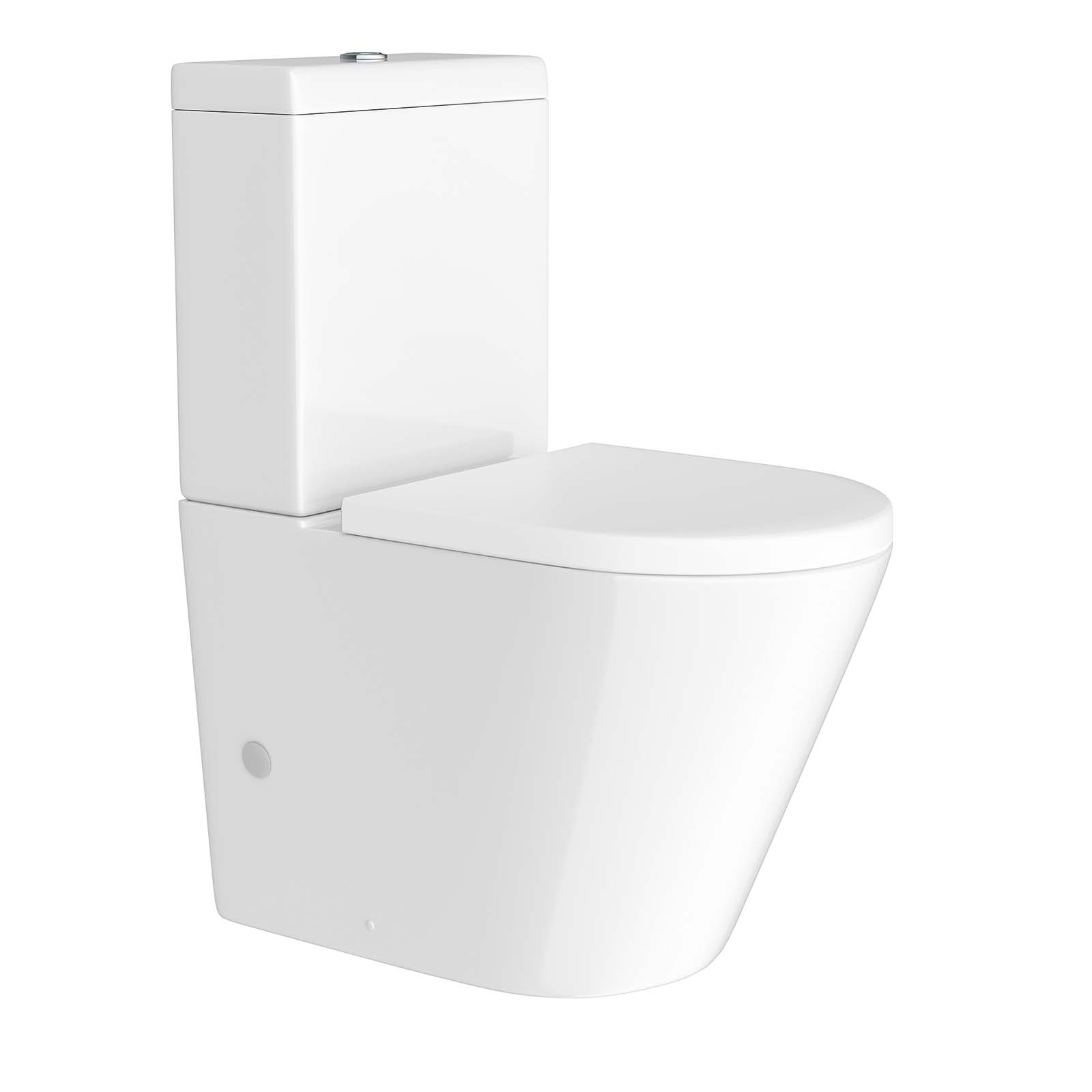 Modern Round Rimless Closed Coupled WC Toilet With Cistern And Soft Close Seat