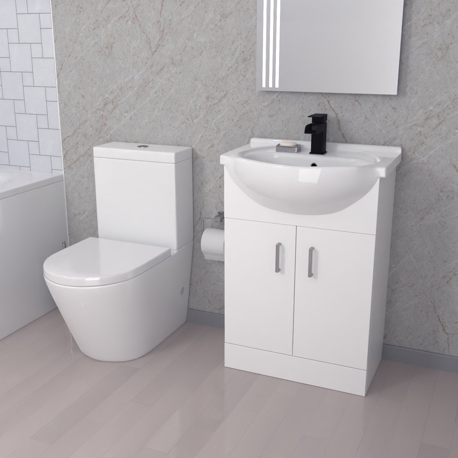 Ellen Bathroom Suite 1700mm Bath, Basin Vanity Unit, Toilet and Shower Screen
