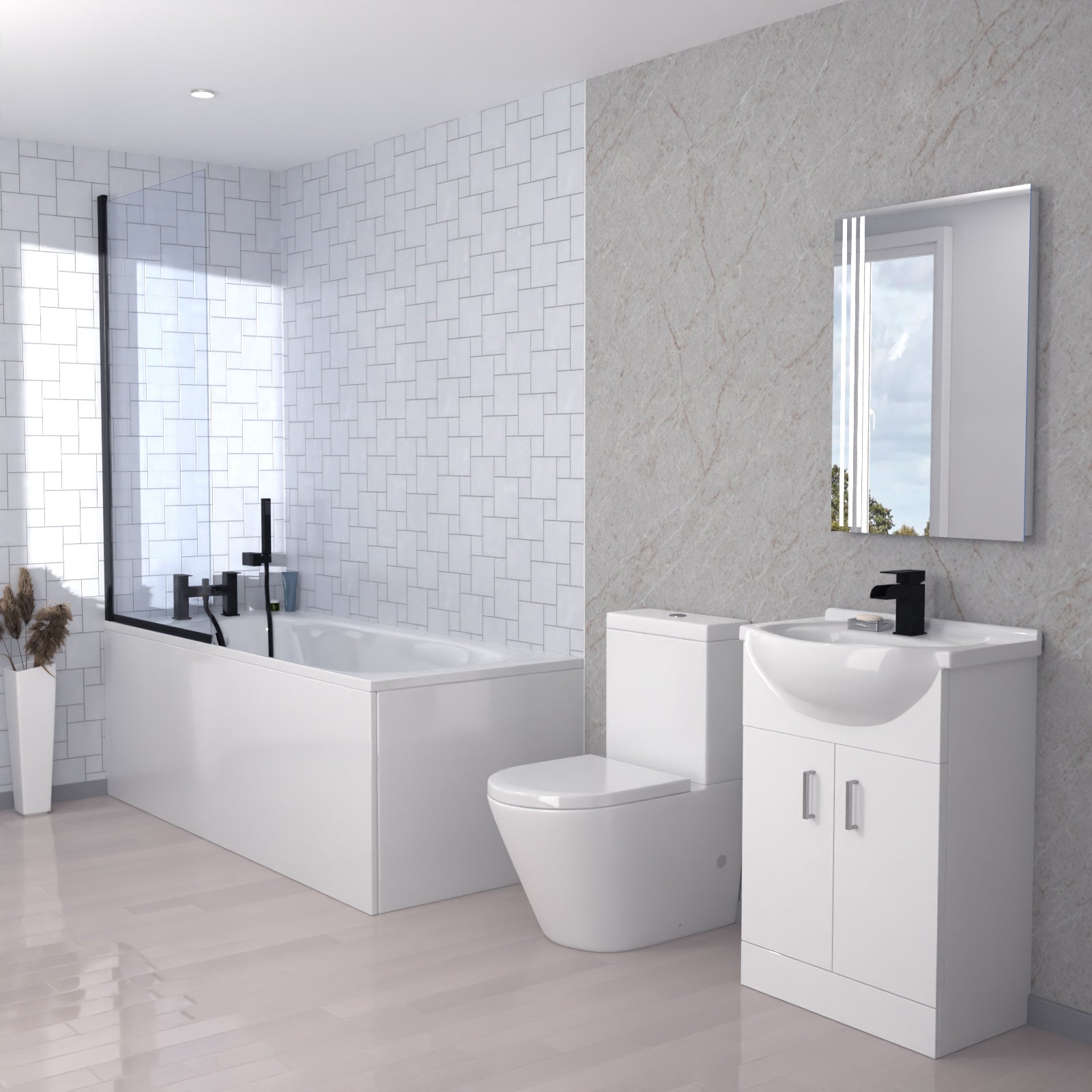 Ellen Bathroom Suite 1700mm Bath, Basin Vanity Unit, Toilet and Shower Screen
