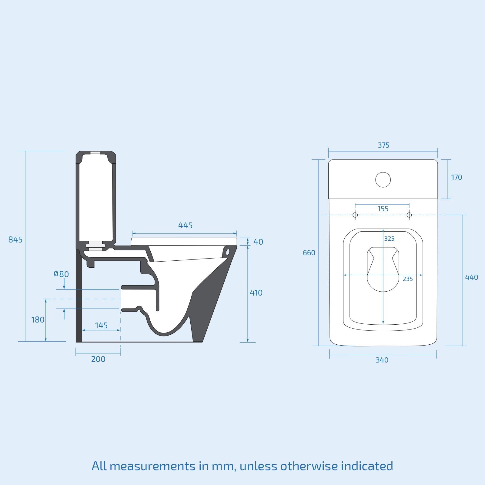 Modern Square Rimless Closed Coupled WC Toilet with Seat and Cistern