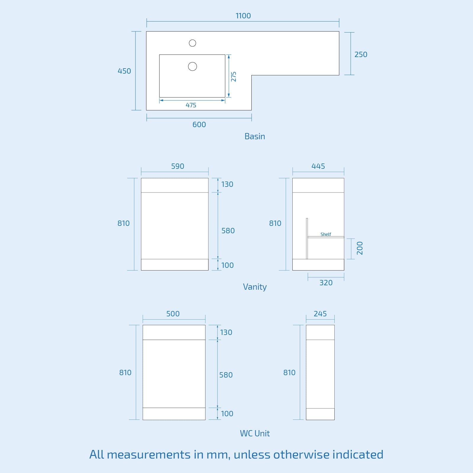 Aric 1100mm Freestanding Grey Vanity with BTW Toilet, WC & Basin