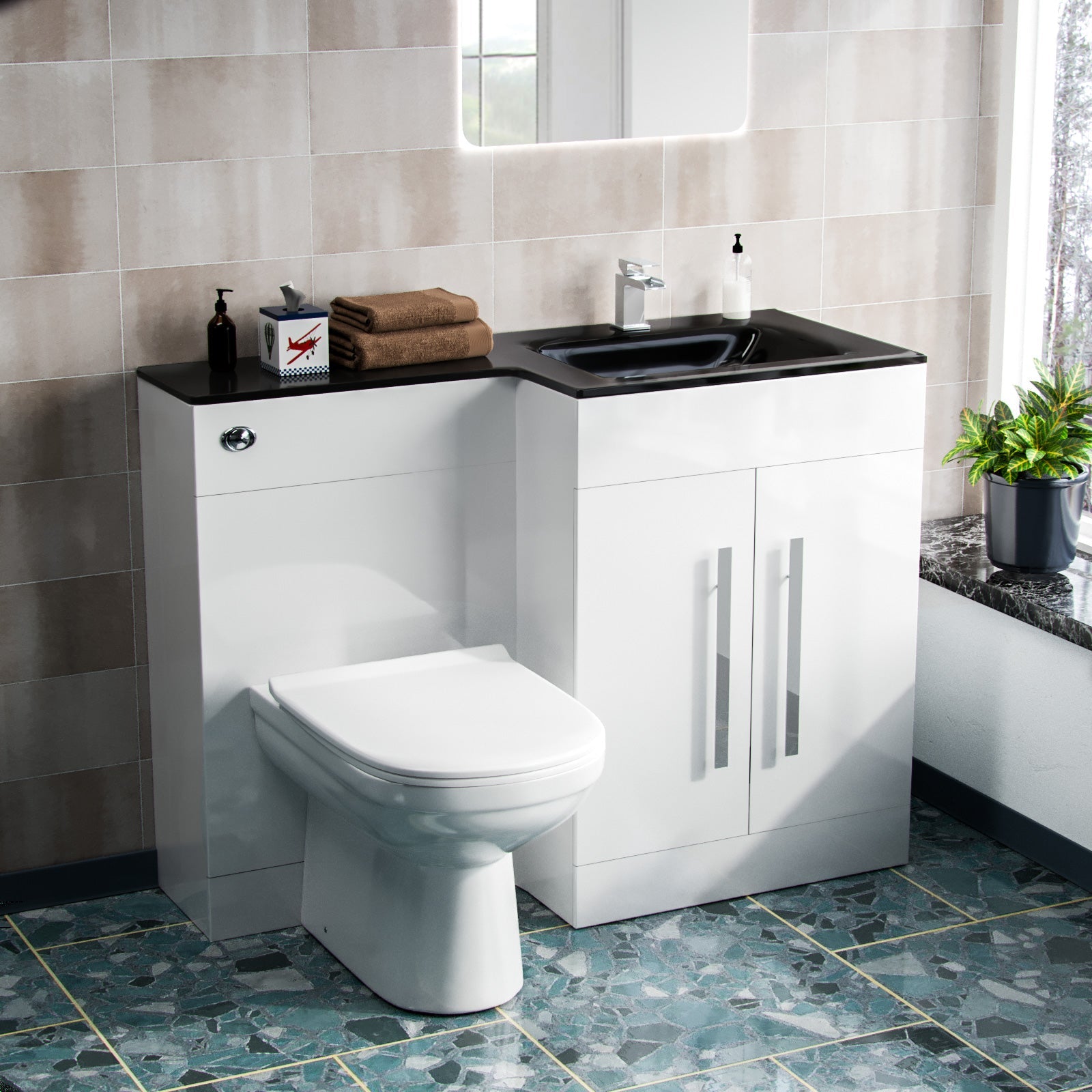 Aric 1100mm Vanity Basin Unit, WC Unit & Elso Back to Wall Toilet White with Black Basin