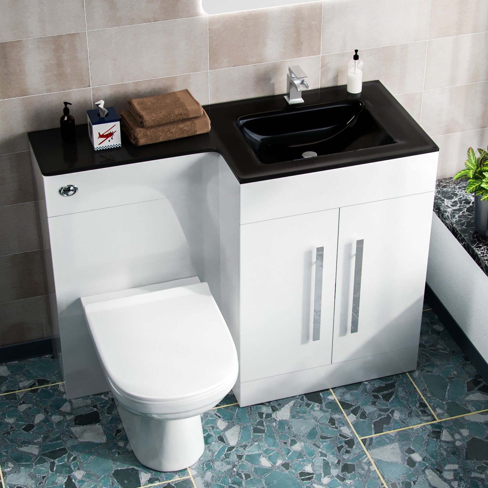 Aric 1100mm Vanity Basin Unit, WC Unit & Elso Back to Wall Toilet White with Black Basin
