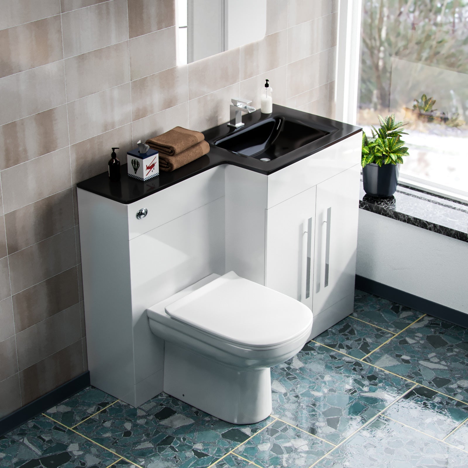 Aric 1100mm Vanity Basin Unit, WC Unit & Elso Back to Wall Toilet White with Black Basin