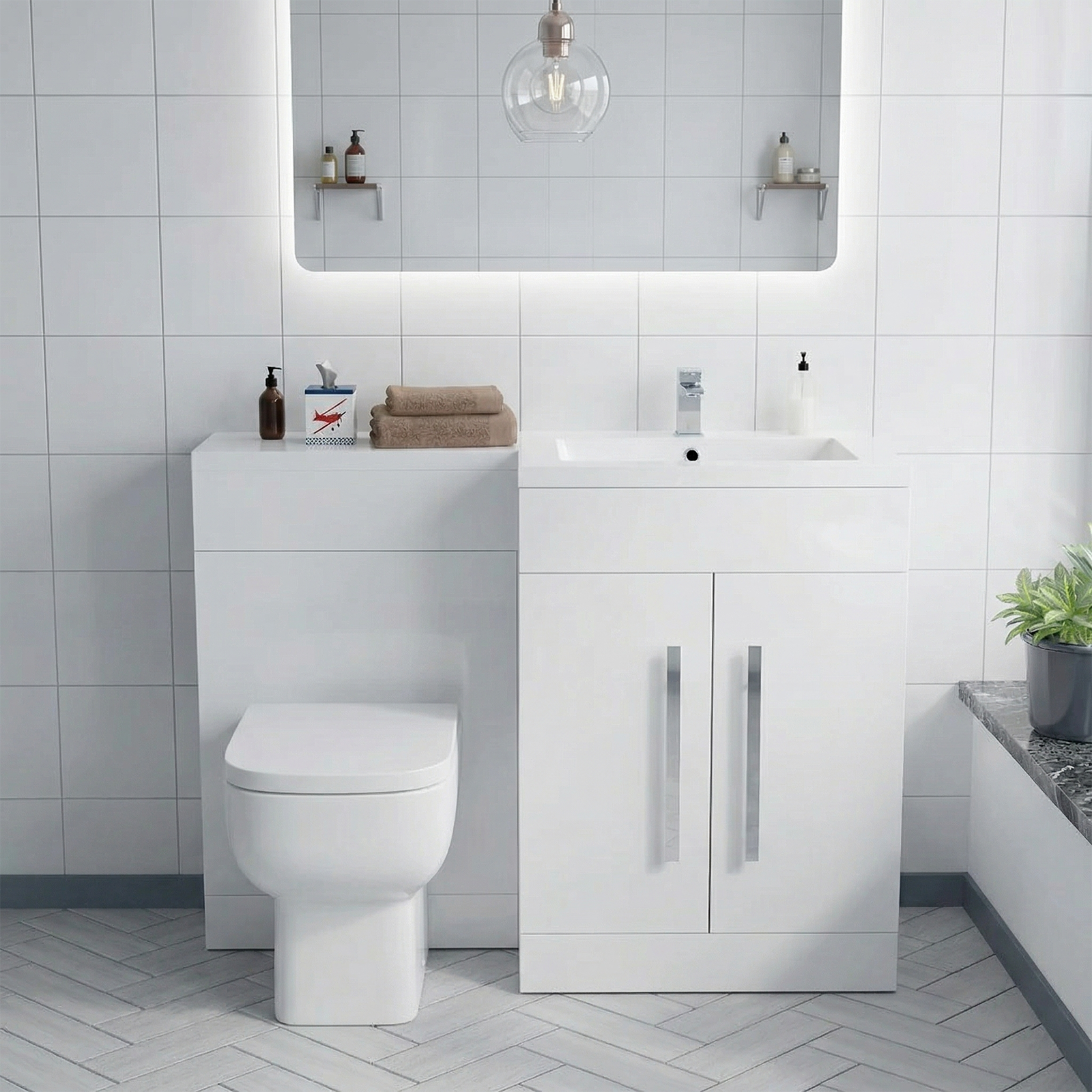 Aric RH 1100mm Vanity Basin Unit, WC Unit & Rimless Back To Wall Toilet White