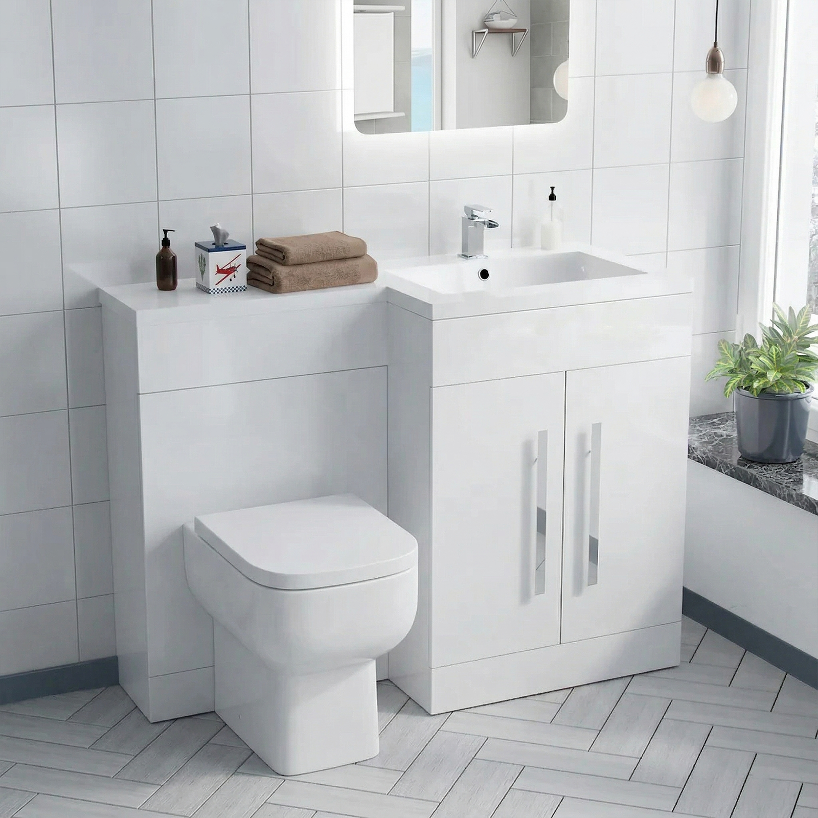 Aric RH 1100mm Vanity Basin Unit, WC Unit & Rimless Back To Wall Toilet White