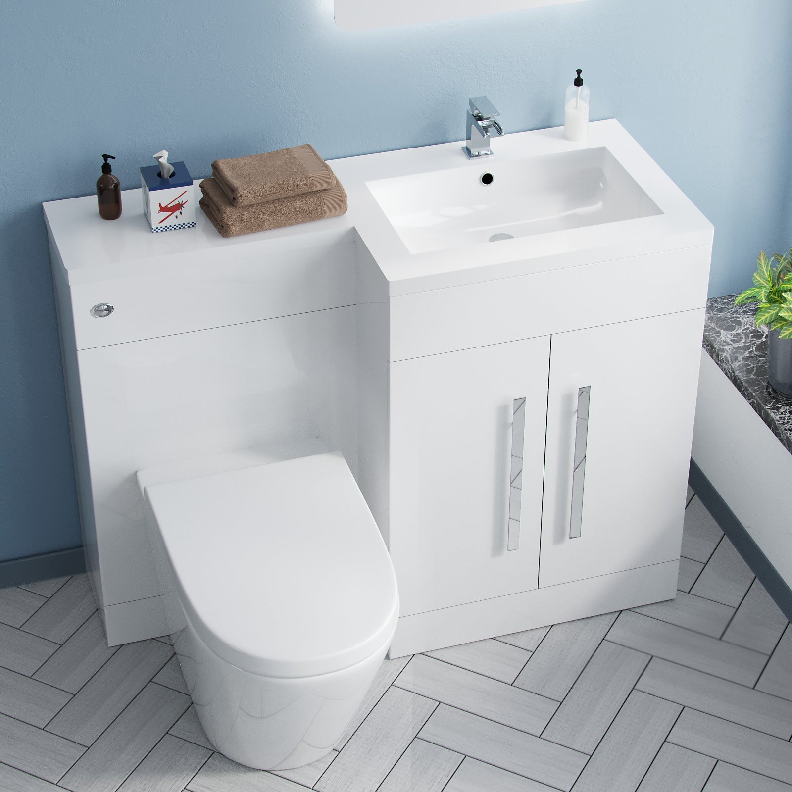 Aric 1100mm RH Vanity Sink Unit Back to Wall WC Rimless Toilet Flat Pack