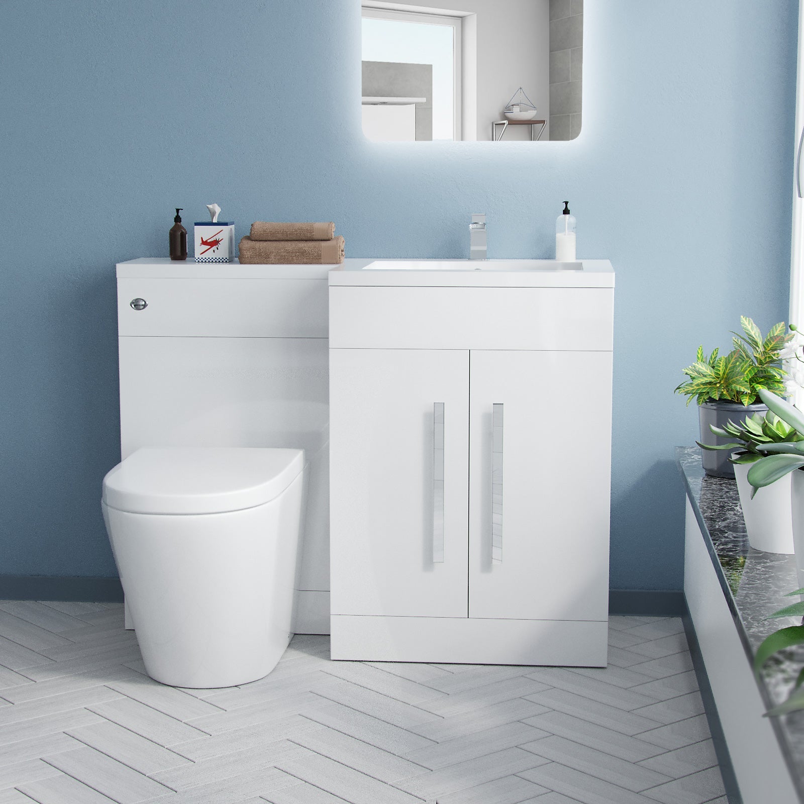 Aric 1100mm RH Vanity Sink Unit Back to Wall WC Rimless Toilet Flat Pack