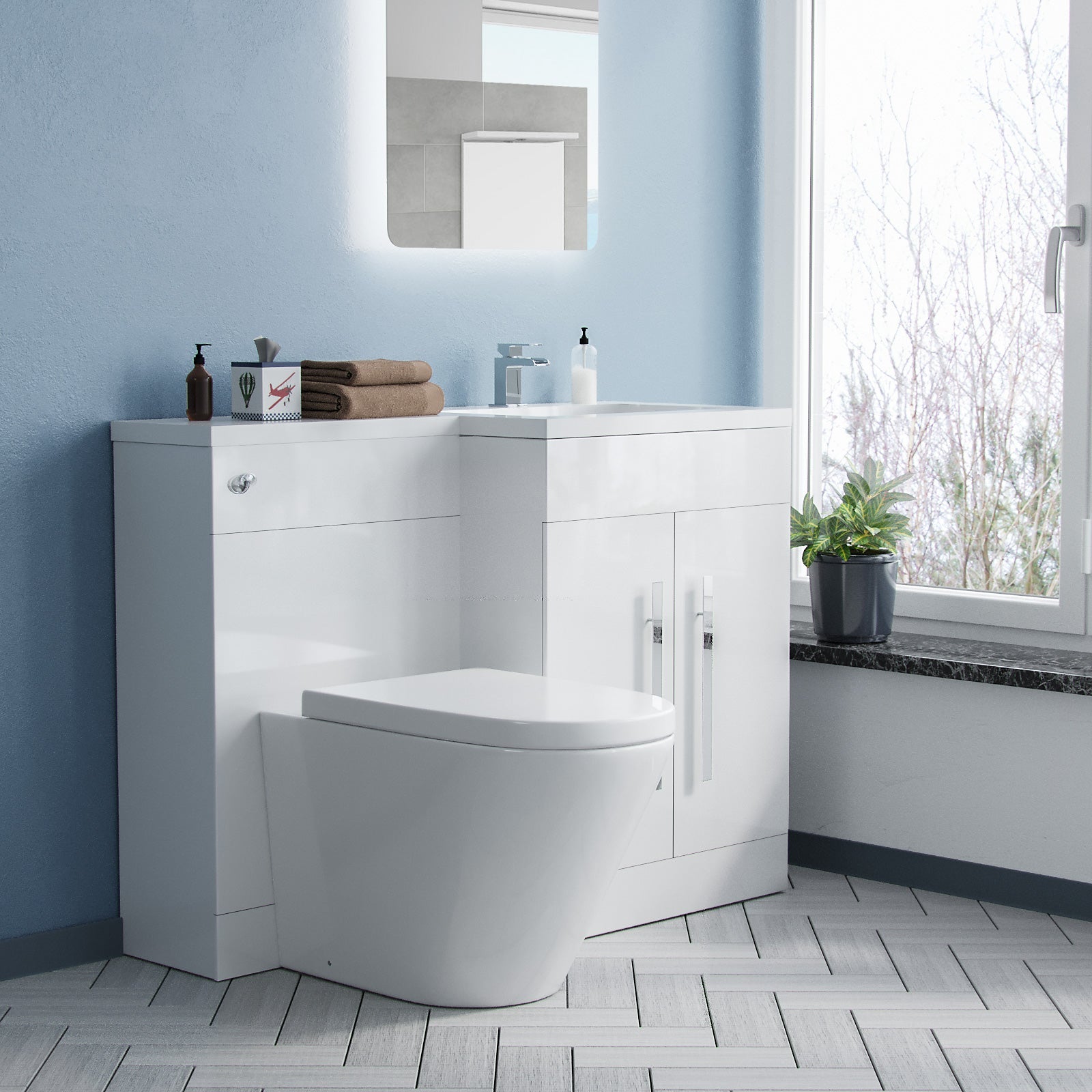 Aric 1100mm RH Vanity Sink Unit Back to Wall WC Rimless Toilet Flat Pack