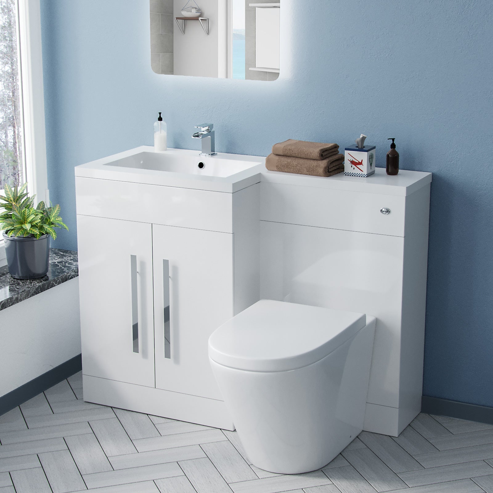 Aric 1100mm Vanity Basin Unit, WC Unit & Ellis Back To Wall Toilet White