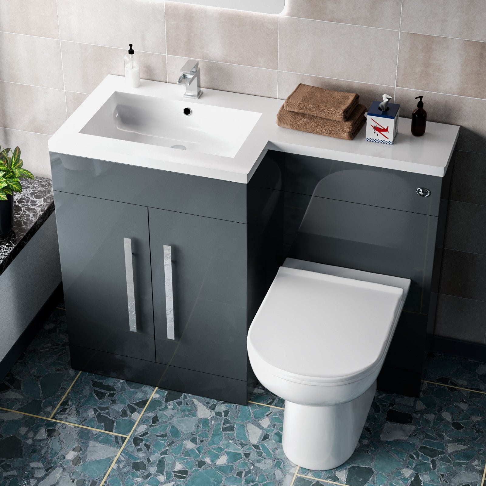 Aric 1100mm LH Freestanding Grey Vanity with BTW Toilet, WC & Basin