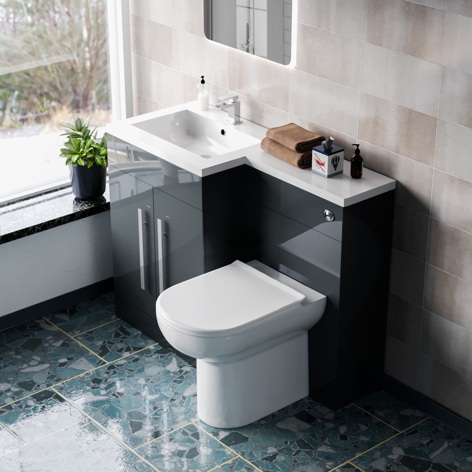 Aric 1100mm LH Freestanding Grey Vanity with BTW Toilet, WC & Basin