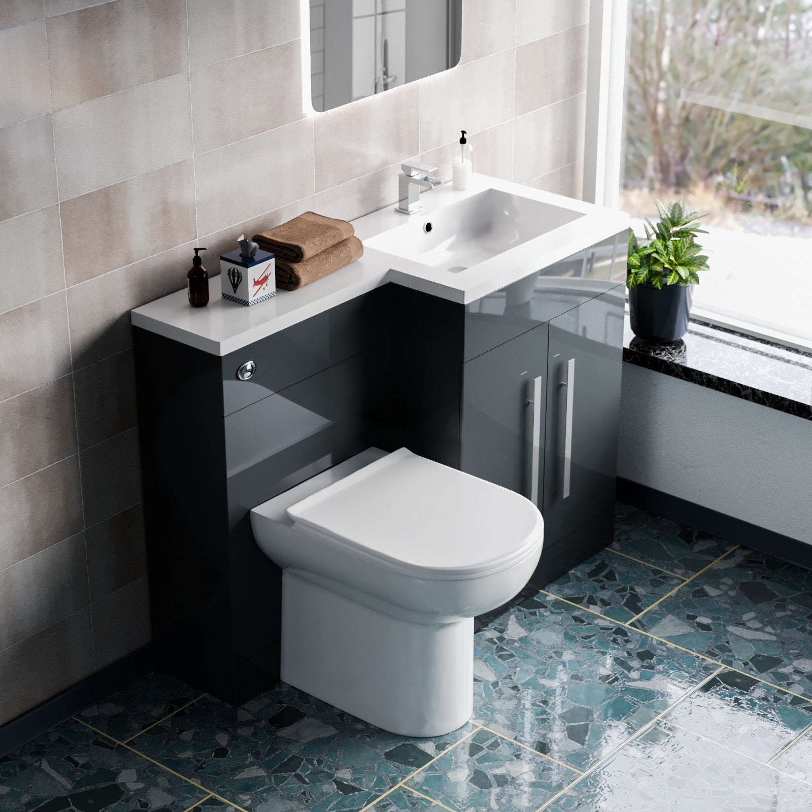 Aric 1100mm RH Freestanding Grey Vanity with BTW Toilet, WC & Basin