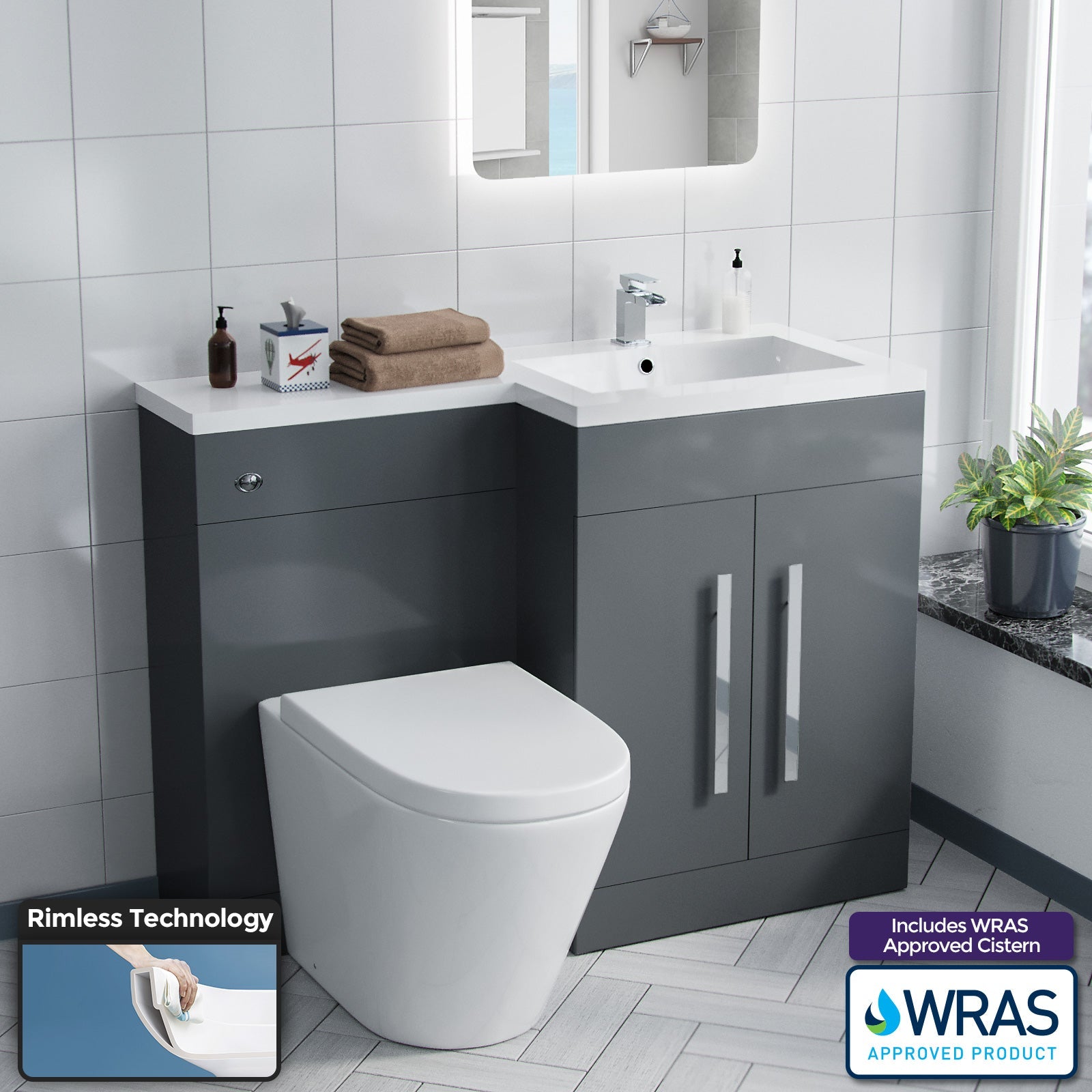 Aric 1100mm Vanity Basin Unit, WC Unit & Ellis PP Back To Wall Toilet Grey