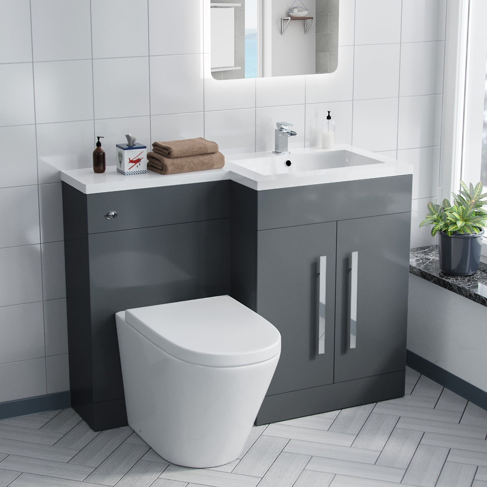 Aric 1100mm Vanity Basin Unit, WC Unit & Ellis PP Back To Wall Toilet Grey