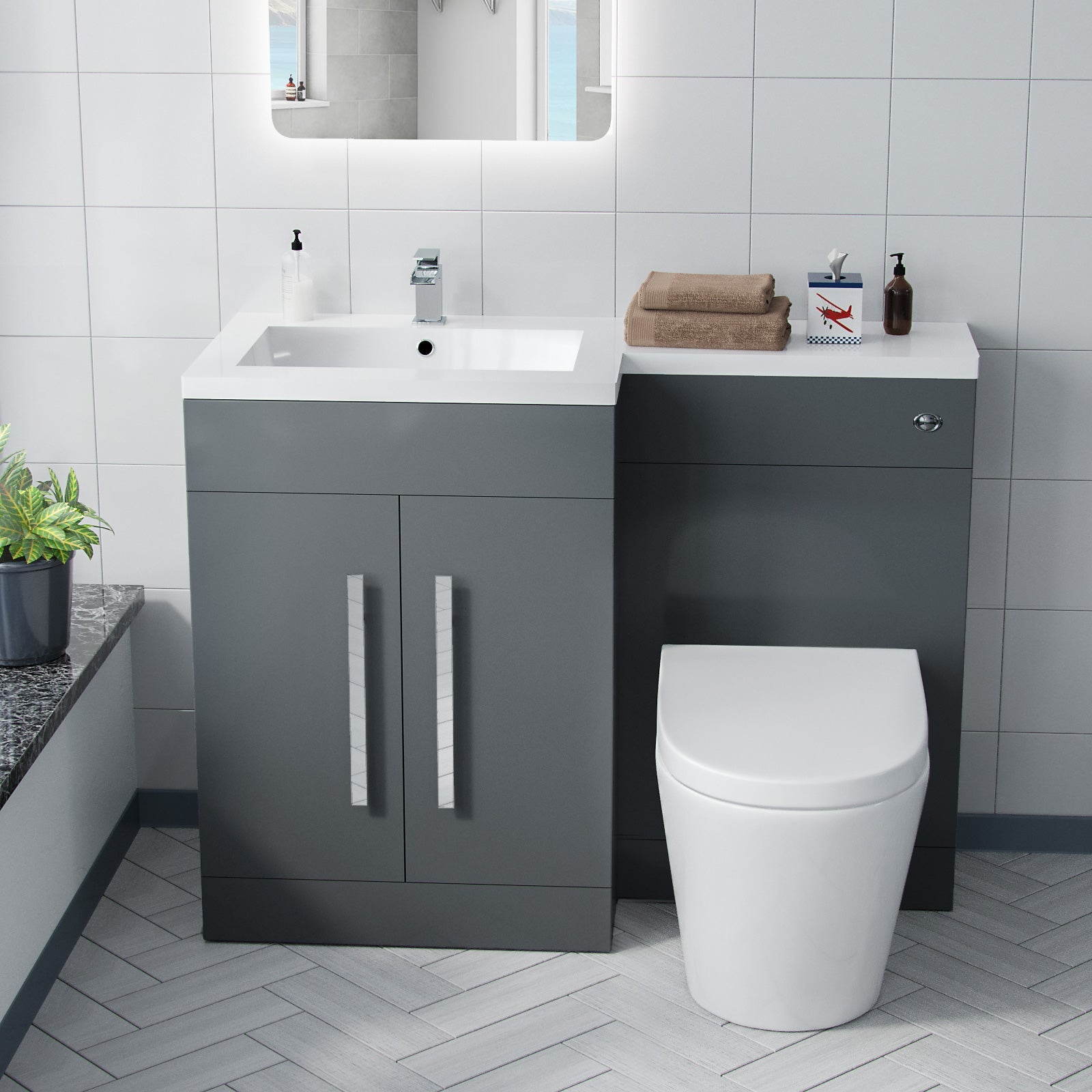 Aric 1100mm Vanity Basin Unit, WC Unit & Ellis PP Back To Wall Toilet Grey