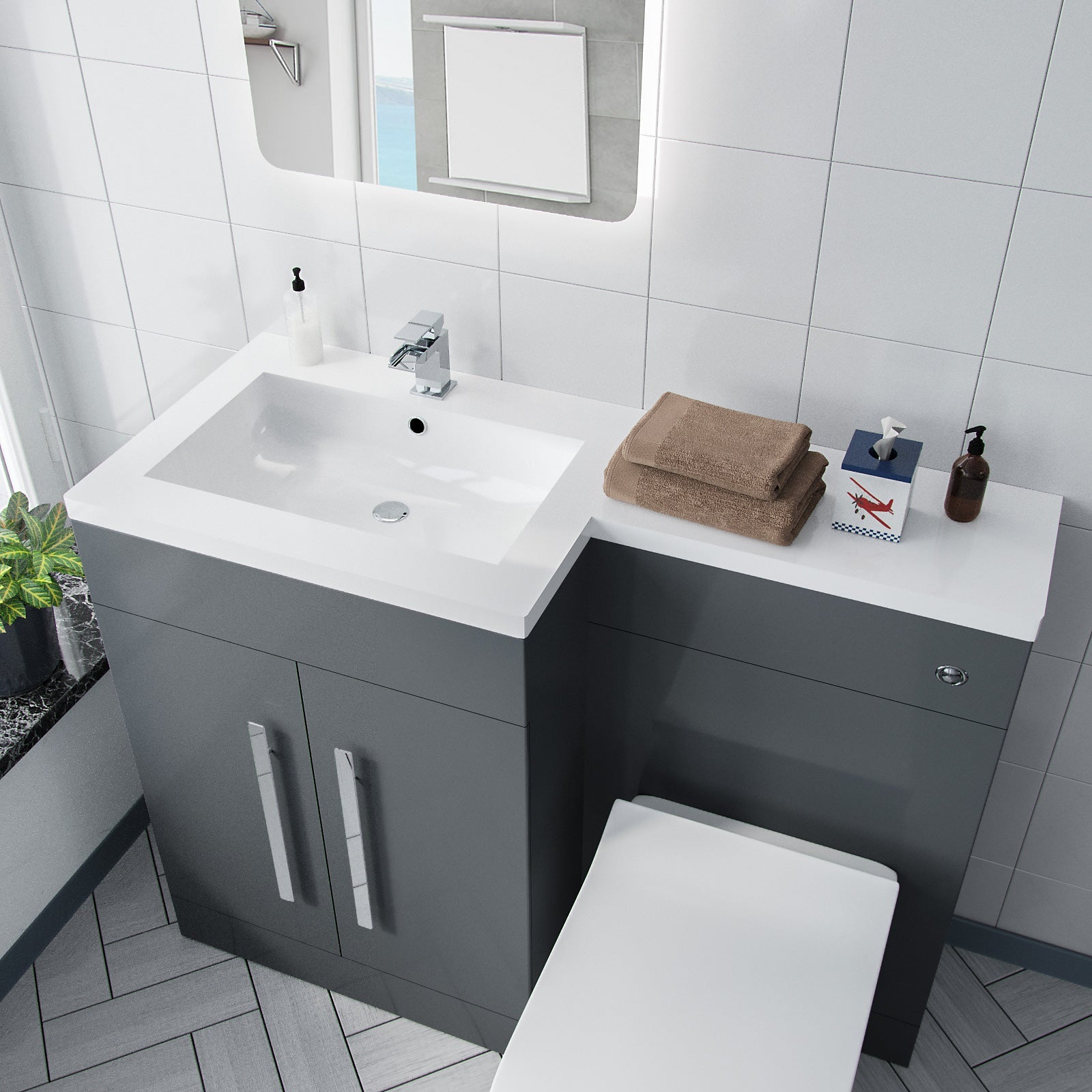Aric 1100mm Vanity Basin Unit, WC Unit & Ellis PP Back To Wall Toilet Grey