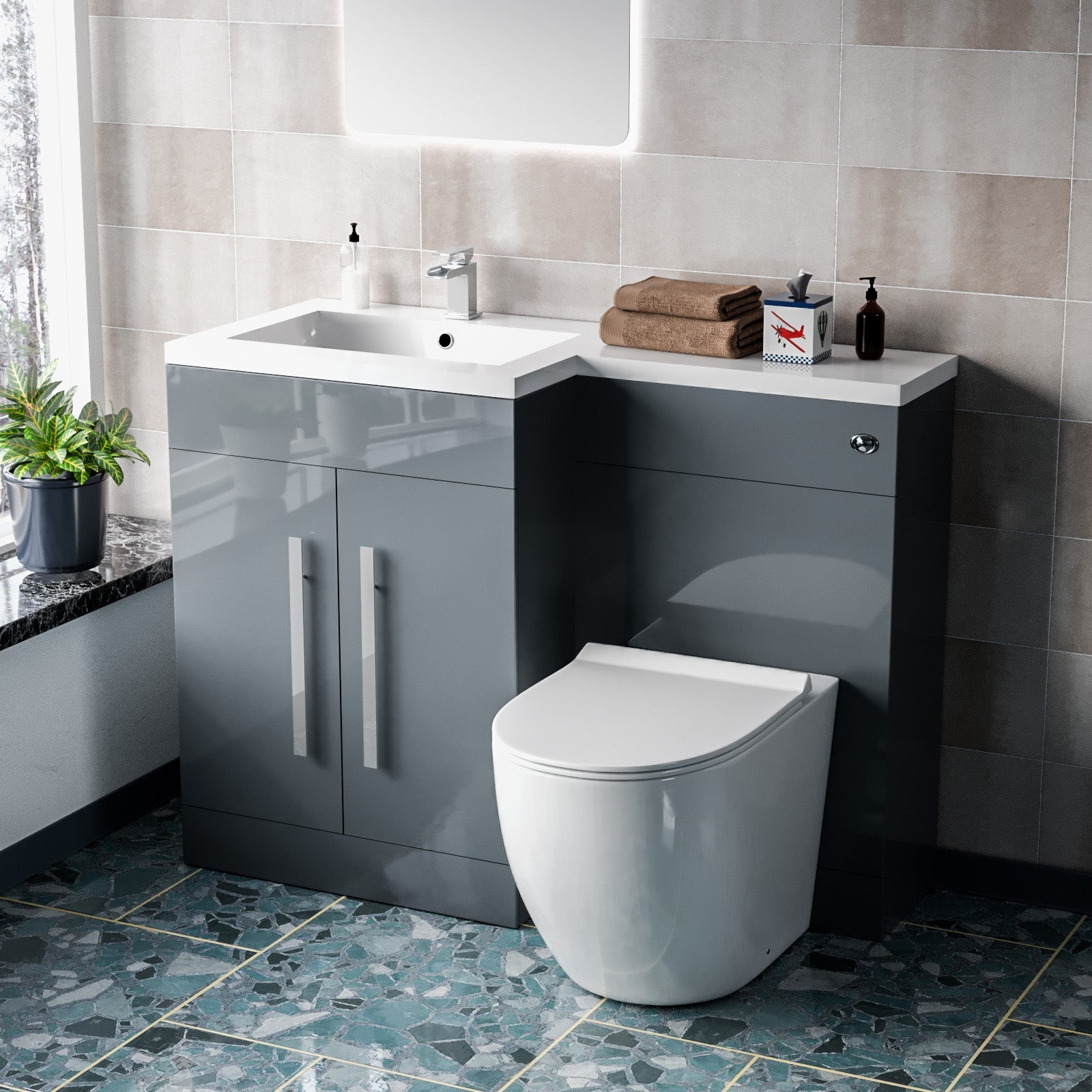 Aric Freestanding Grey Left Freestanding Grey Left Hand 1100mm Vanity with BTW Toilet, WC & BasinHand 1100mm Vanity with BTW Toilet, WC & Basin