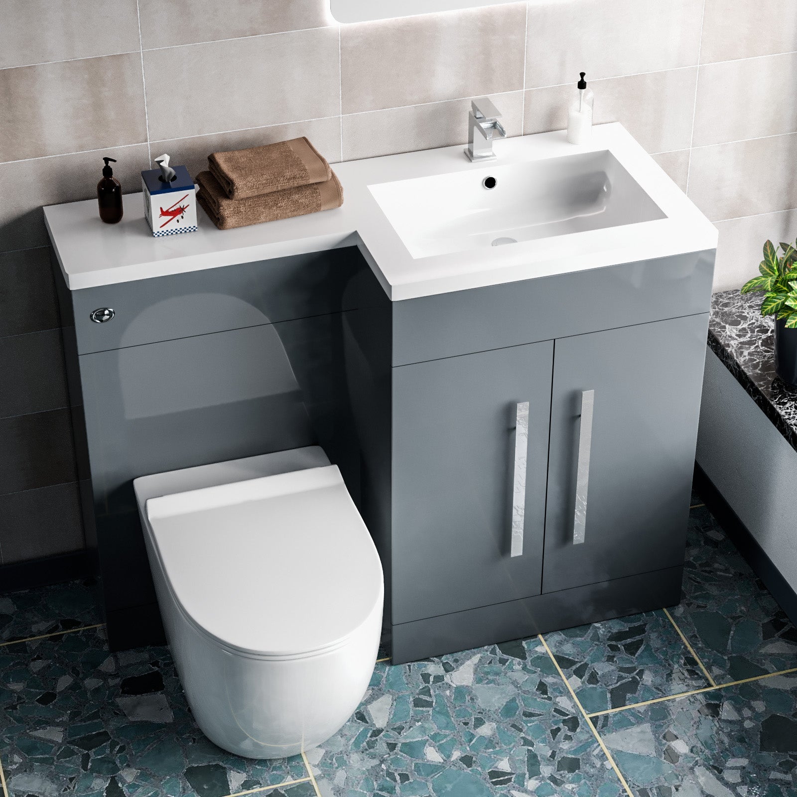 Aric Freestanding Grey Right Hand 1100mm Vanity with BTW Toilet, WC & Basin