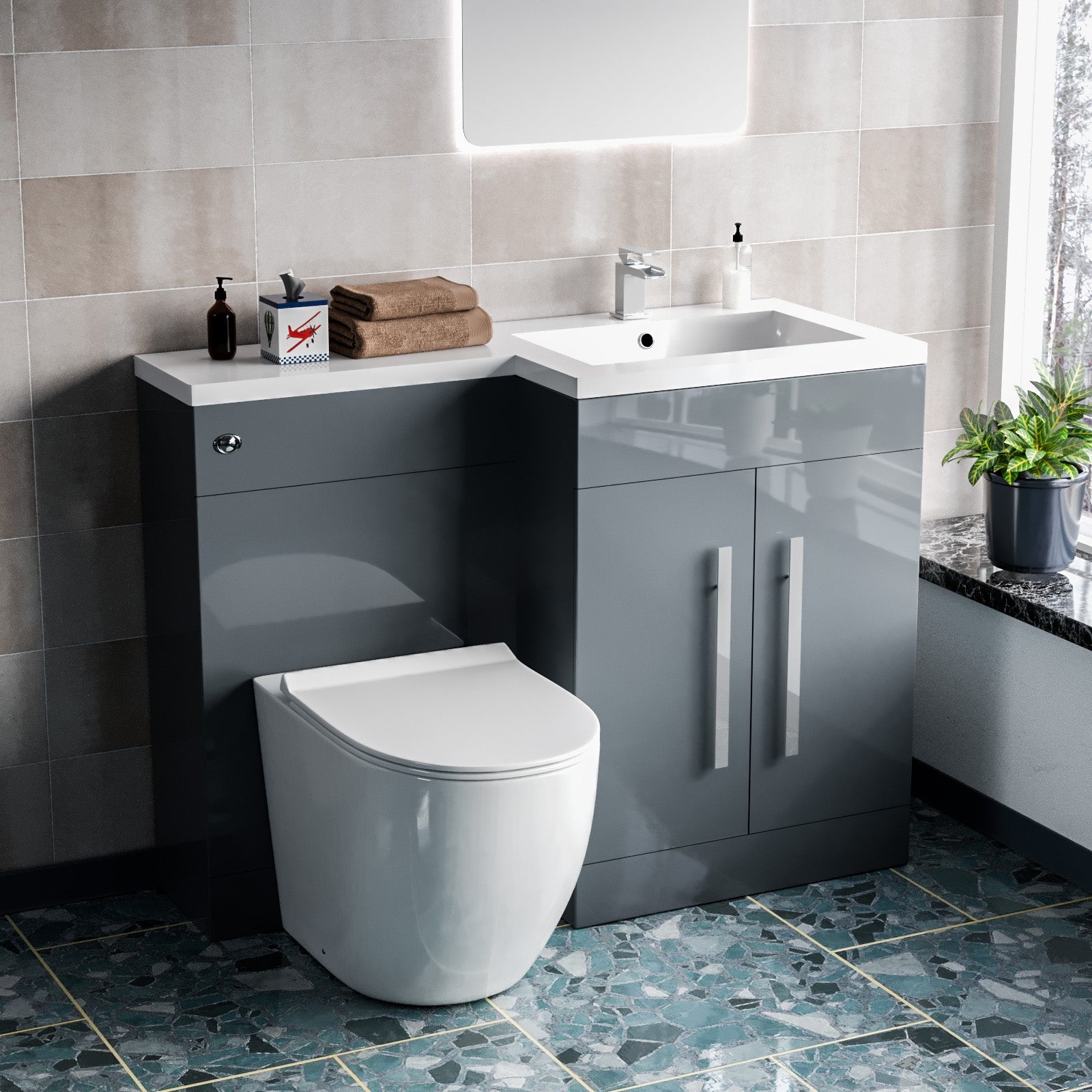 Aric Freestanding Grey Right Hand 1100mm Vanity with BTW Toilet, WC & Basin