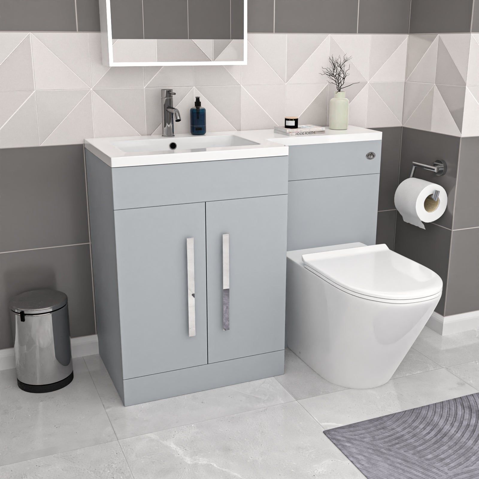 Aric Matte Grey 1100mm LH Basin Vanity Cabinet Flat Pack & BTW Curved Toilet