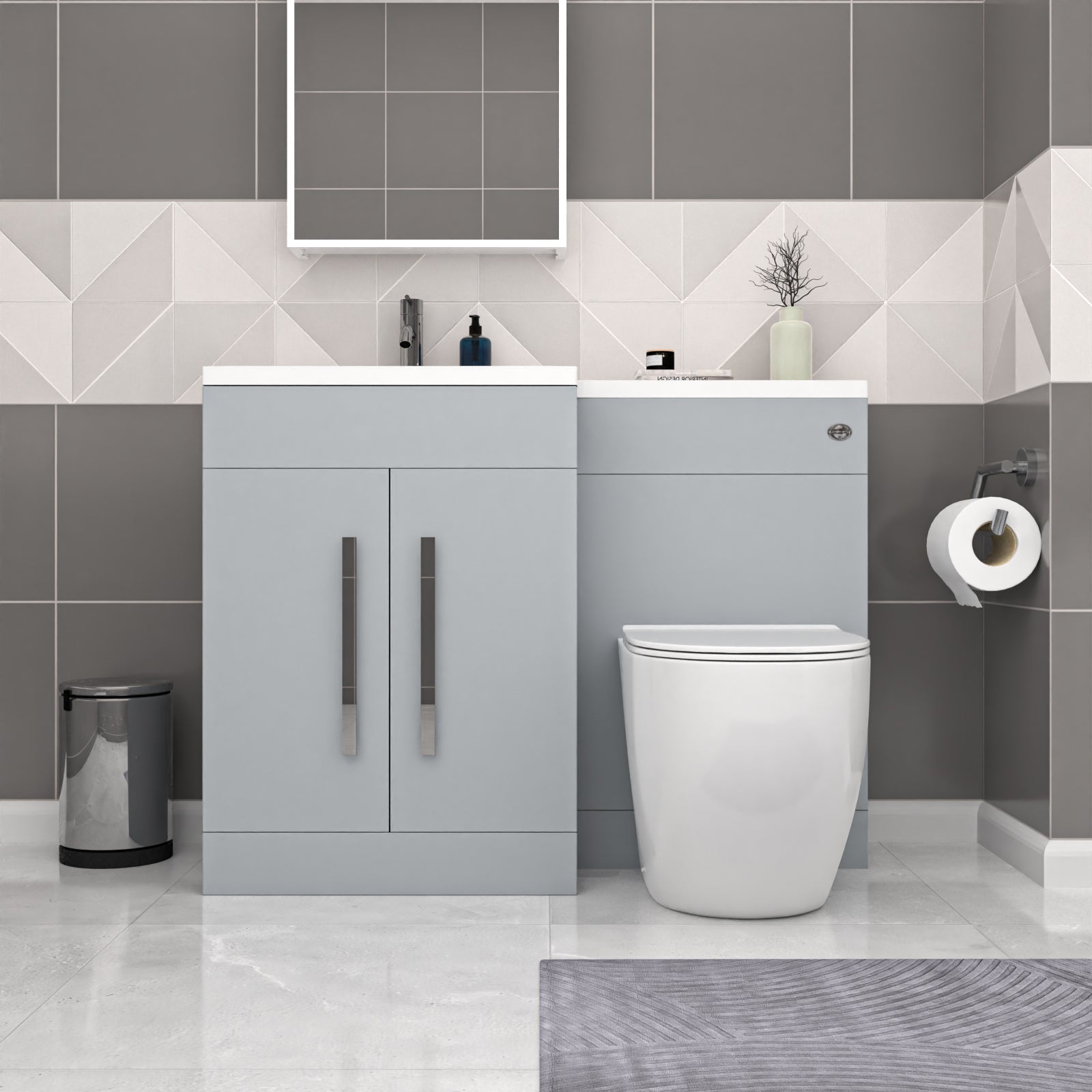 Aric Matte Grey 1100mm LH Basin Vanity Cabinet & BTW Modern Curved Toilet Flat Pack