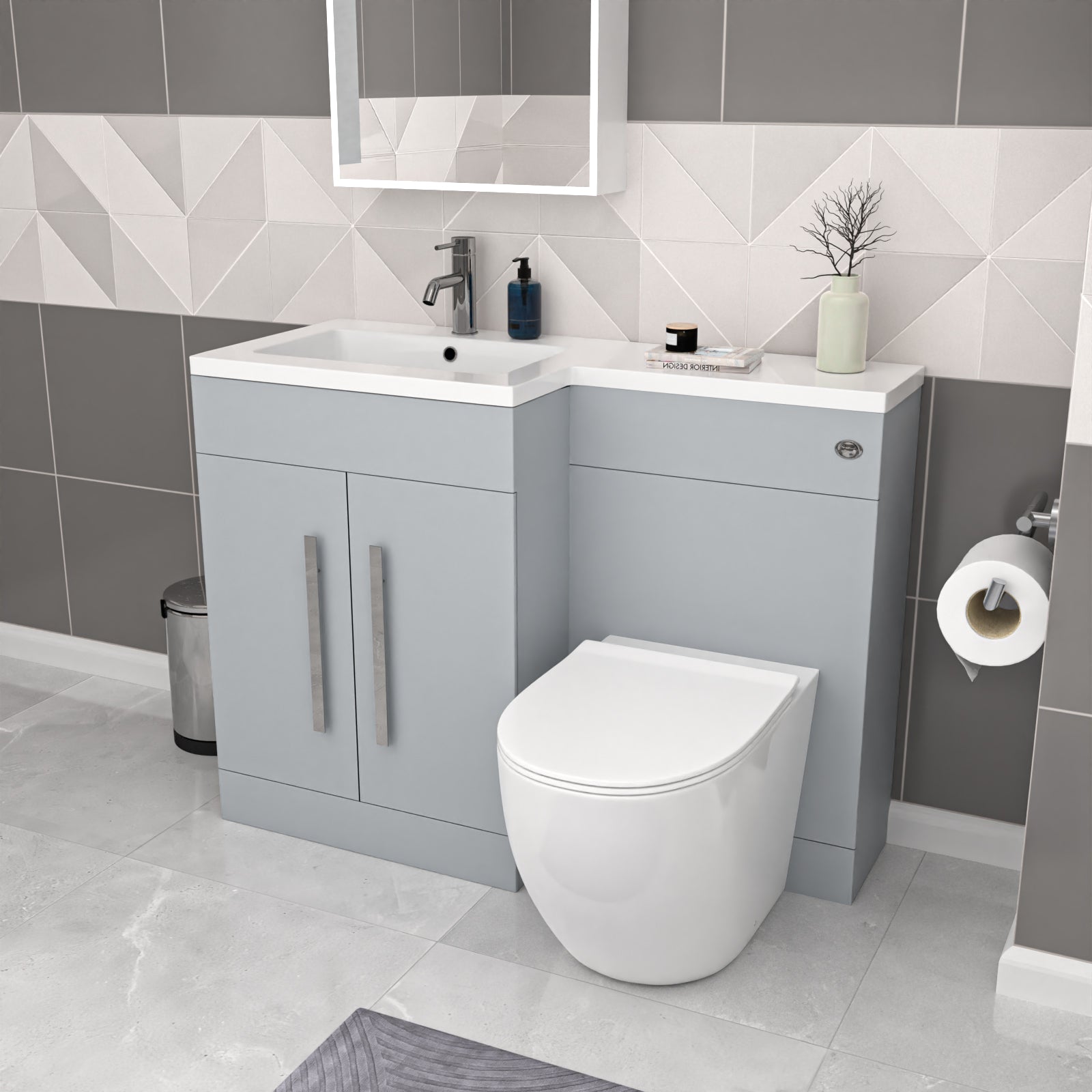 Aric Matte Grey 1100mm LH Basin Vanity Cabinet & BTW Modern Curved Toilet Flat Pack