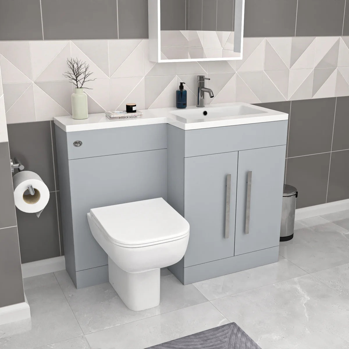 Aric 1100mm Matte Grey RH Vanity Cabinet Basin Sink & Rimless Back To Wall WC Toilet