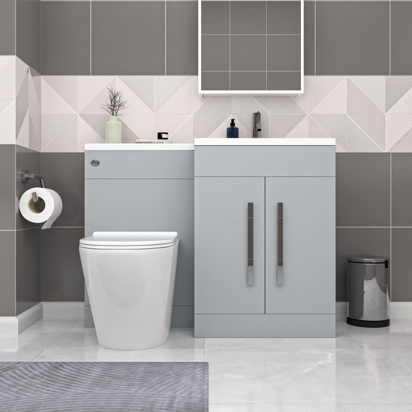 Aric Matte Grey 1100mm RH Basin Vanity Cabinet Flat Pack & BTW Curved Toilet Flat Pack