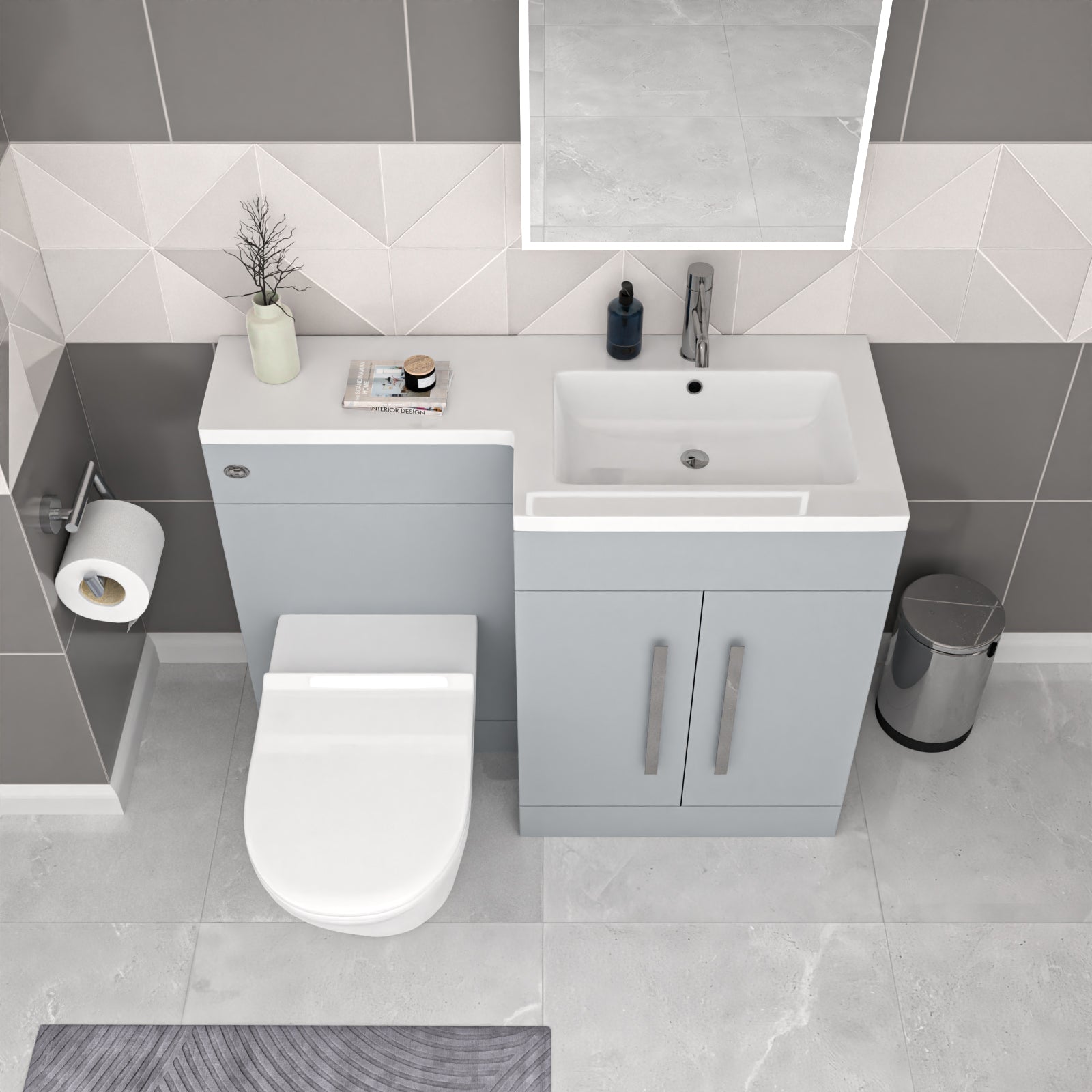 Aric 1100mm Matte Grey RH Basin Vanity Cabinet Flat Pack & BTW Curved Toilet Flat Pack