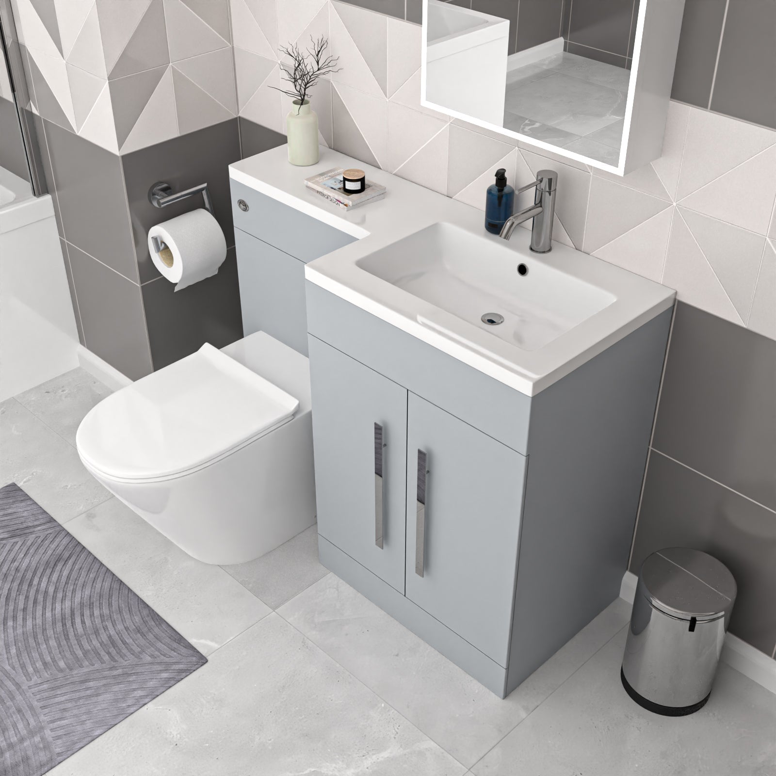Aric 1100mm Matte Grey RH Basin Vanity Cabinet Flat Pack & BTW Curved Toilet Flat Pack