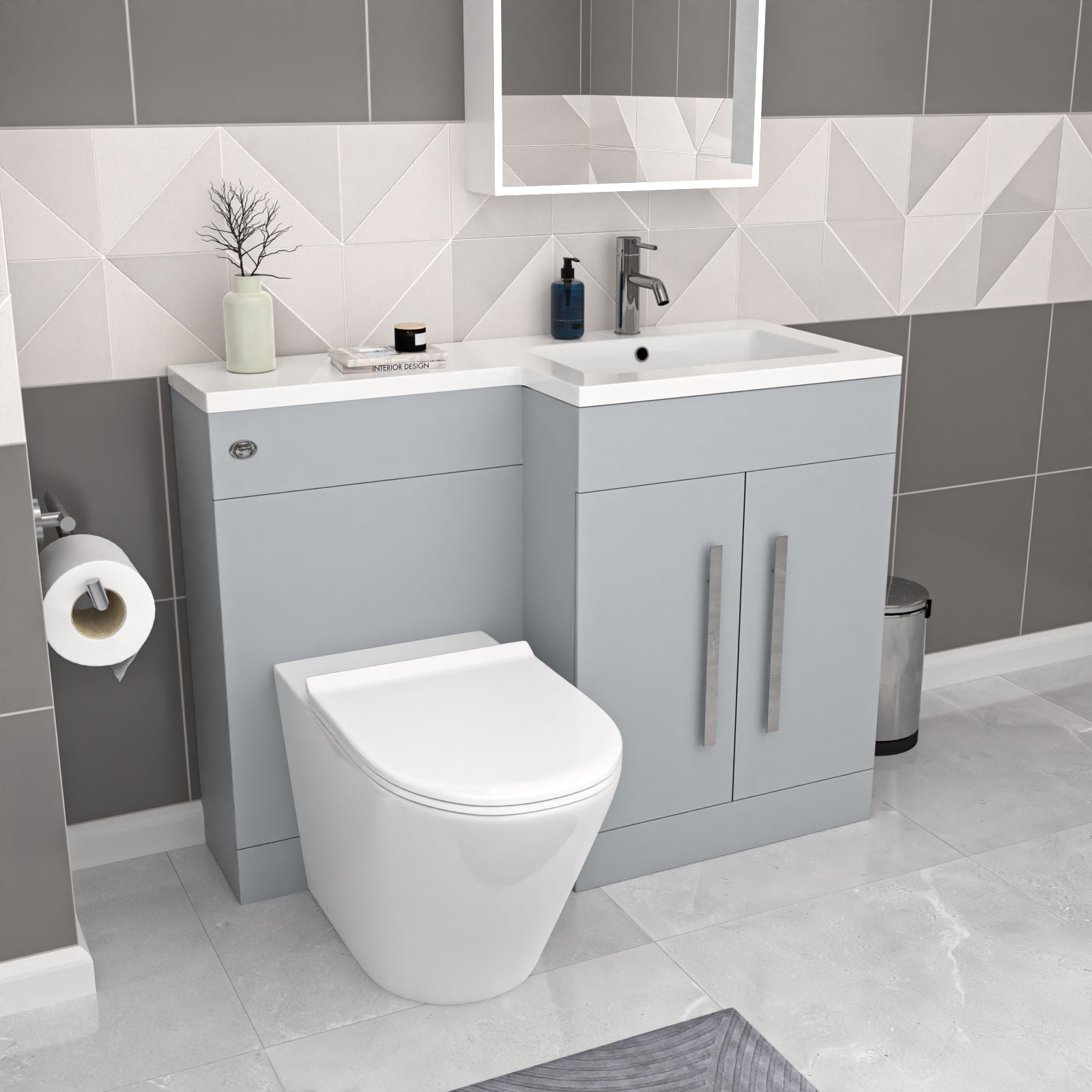 Aric 1100mm Matte Grey RH Basin Vanity Cabinet Flat Pack & BTW Curved Toilet Flat Pack