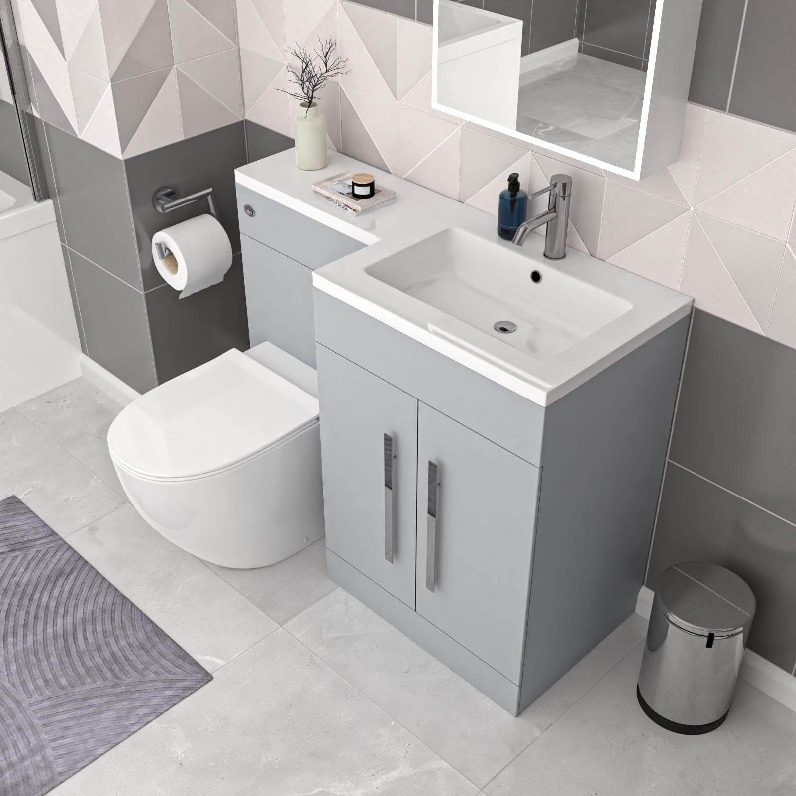 Aric Matte Grey 1100mm RH Basin Vanity Cabinet & BTW Modern Curved Toilet Flat Pack