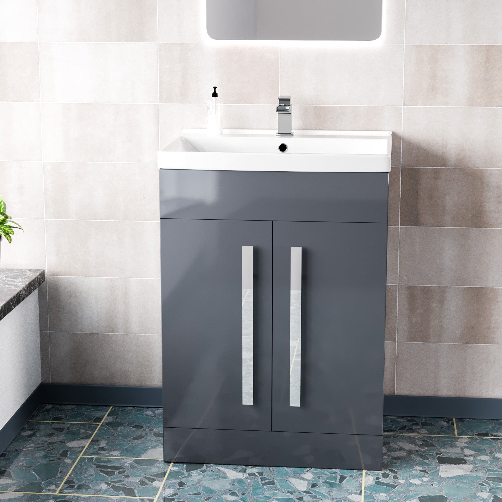 Aric Dark Grey 600mm Gloss Bathroom Basin Sink Cabinet & Ceramic Basin Flat Pack