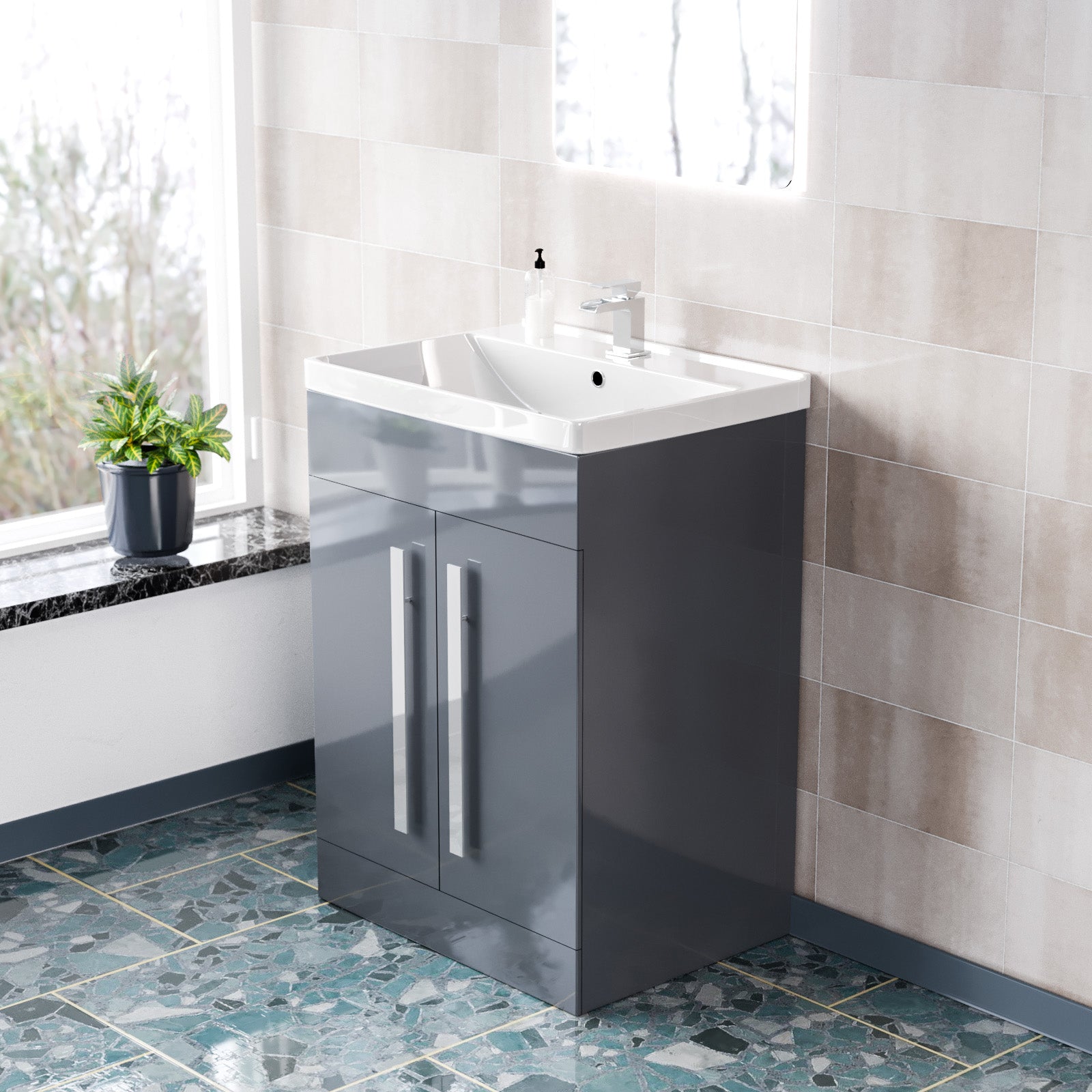 Aric Grey 600mm Gloss Bathroom Basin Sink Cabinet & Ceramic Basin