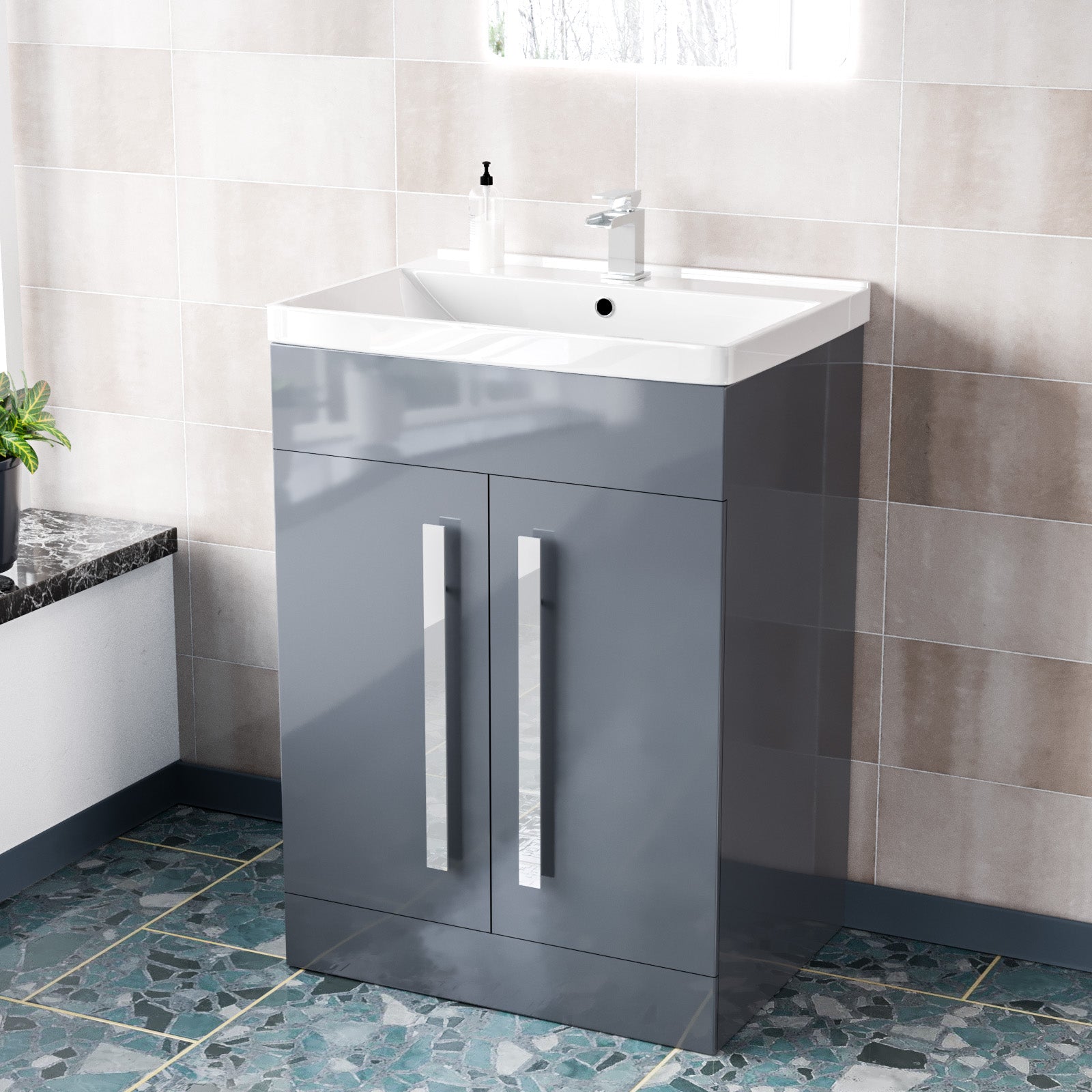 Aric Grey 600mm Gloss Bathroom Basin Sink Cabinet & Ceramic Basin Flat Pack