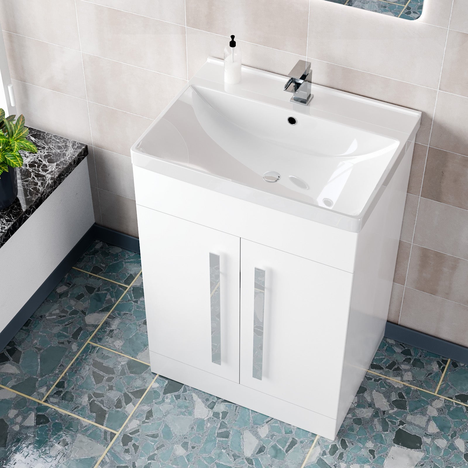 Aric White 600mm Gloss Bathroom Basin Sink Cabinet & Ceramic Basin Flat Pack