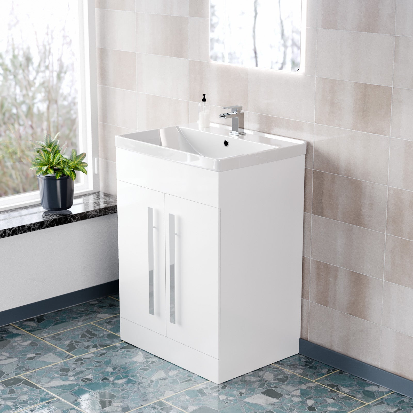 Aric White 600mm Gloss Bathroom Basin Sink Cabinet & Ceramic Basin Flat Pack