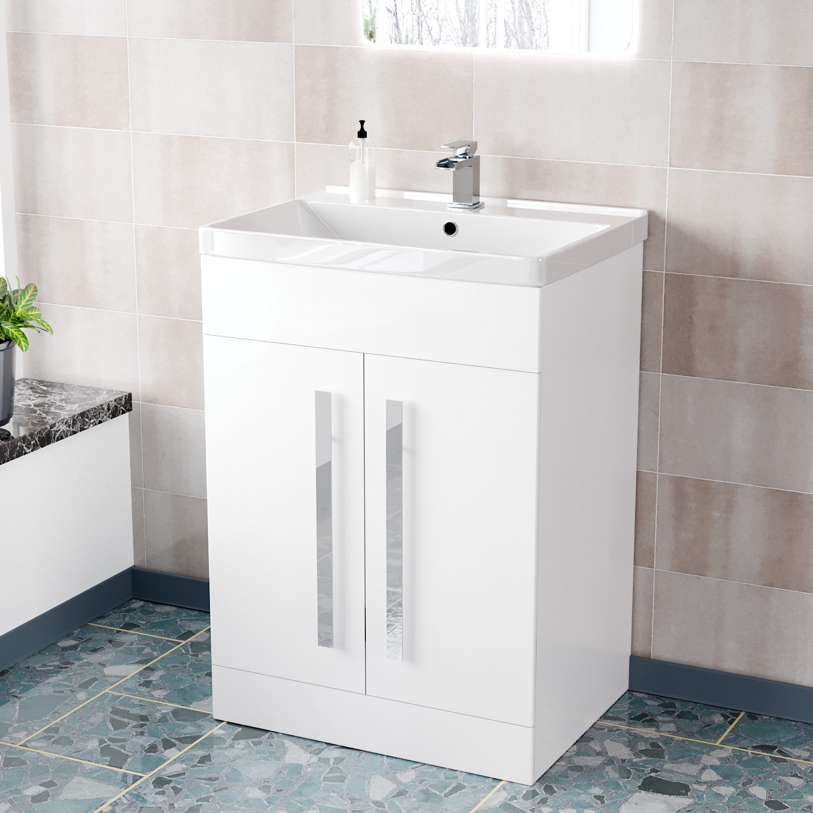 Aric White 600mm Gloss Bathroom Basin Sink Cabinet & Ceramic Basin
