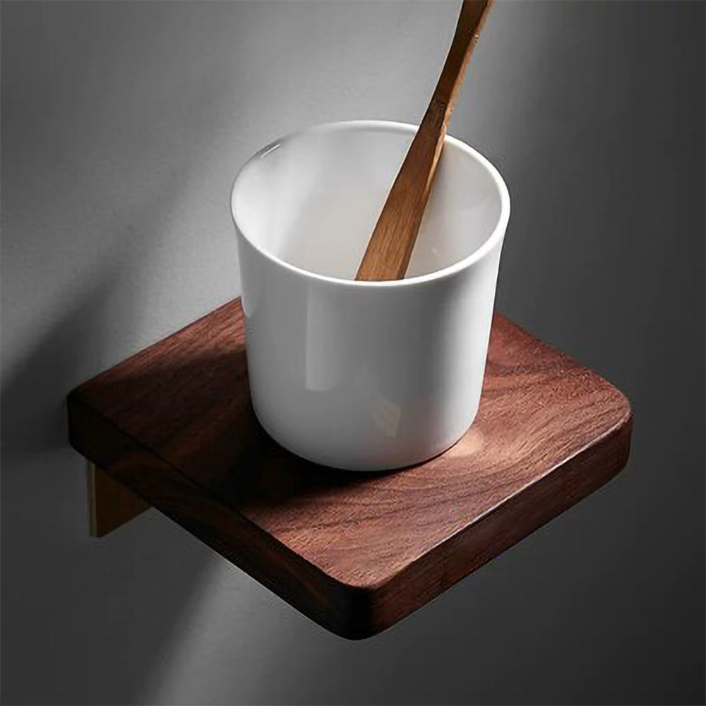 Abloh Luxury Ceramic Toothbrush Holder with Shelf Wooden Walnut & Brushed Gold
