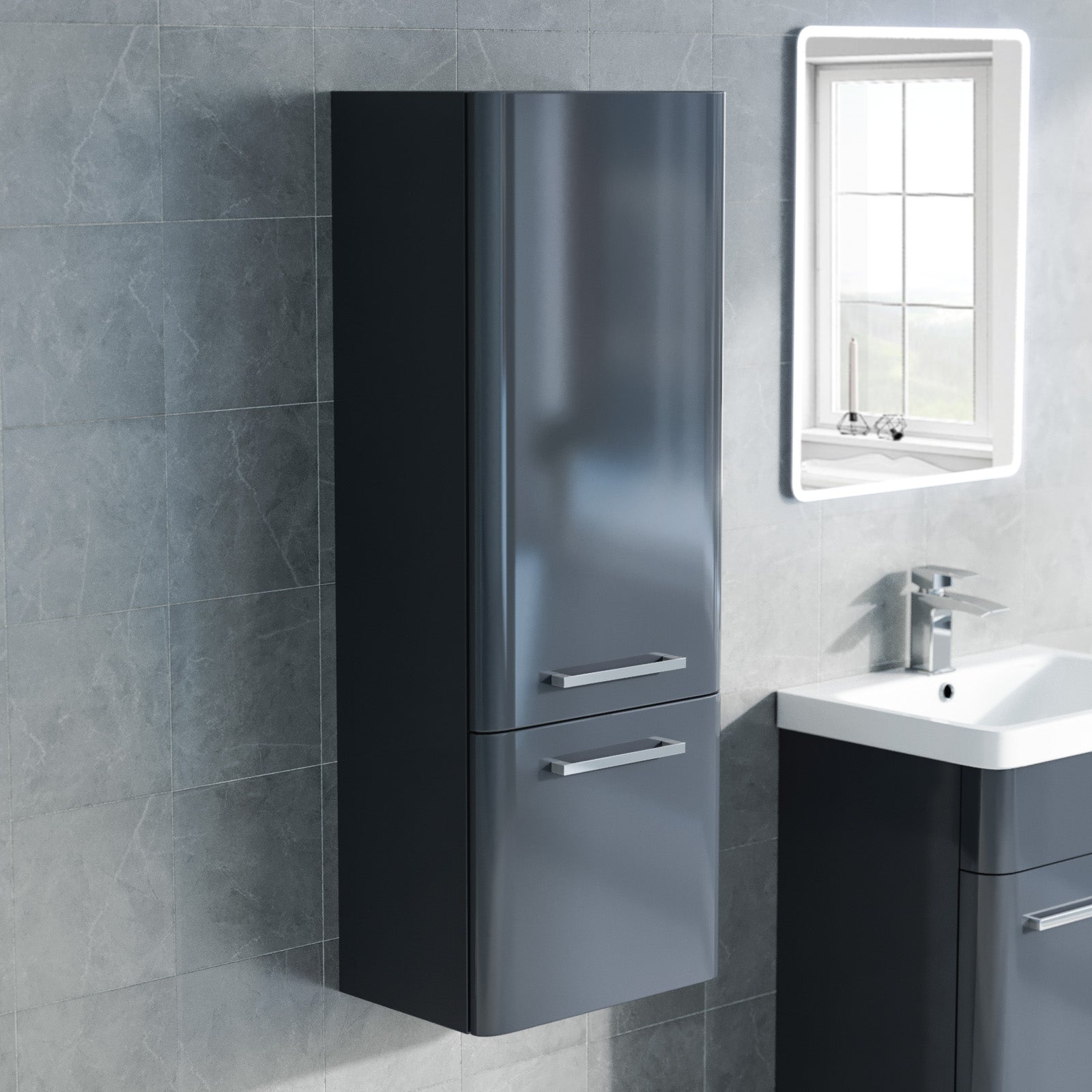 Afern 350mm Dark Grey Wall Hung Tall Storage Cabinet With Adjustable Shelves