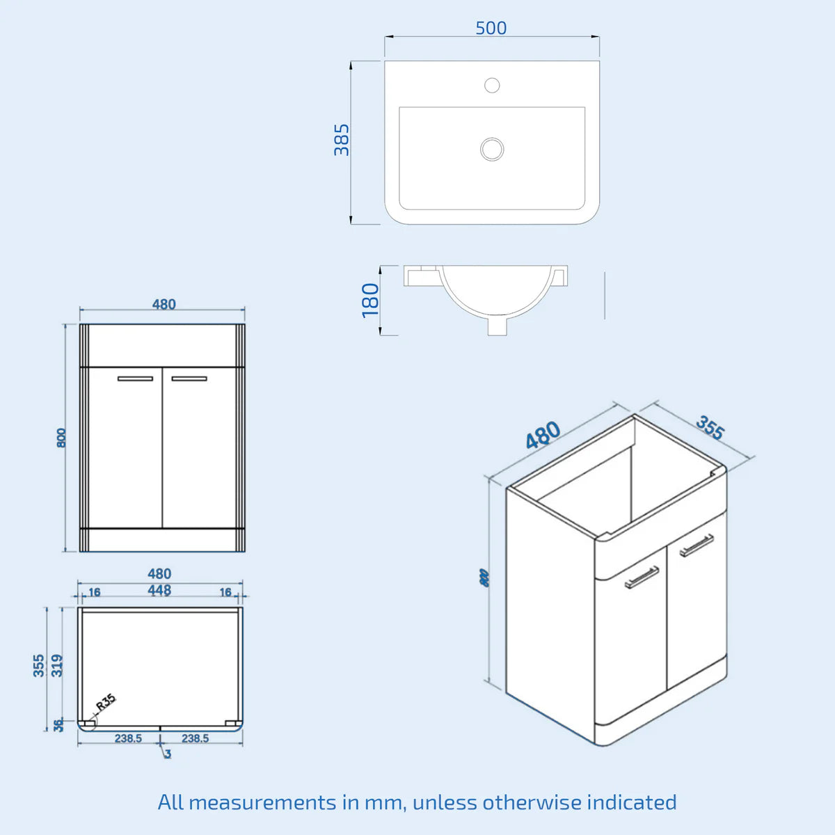 Afern 500mm Freestanding Matte Blue Vanity & 350mm Wall Hung Cabinet
