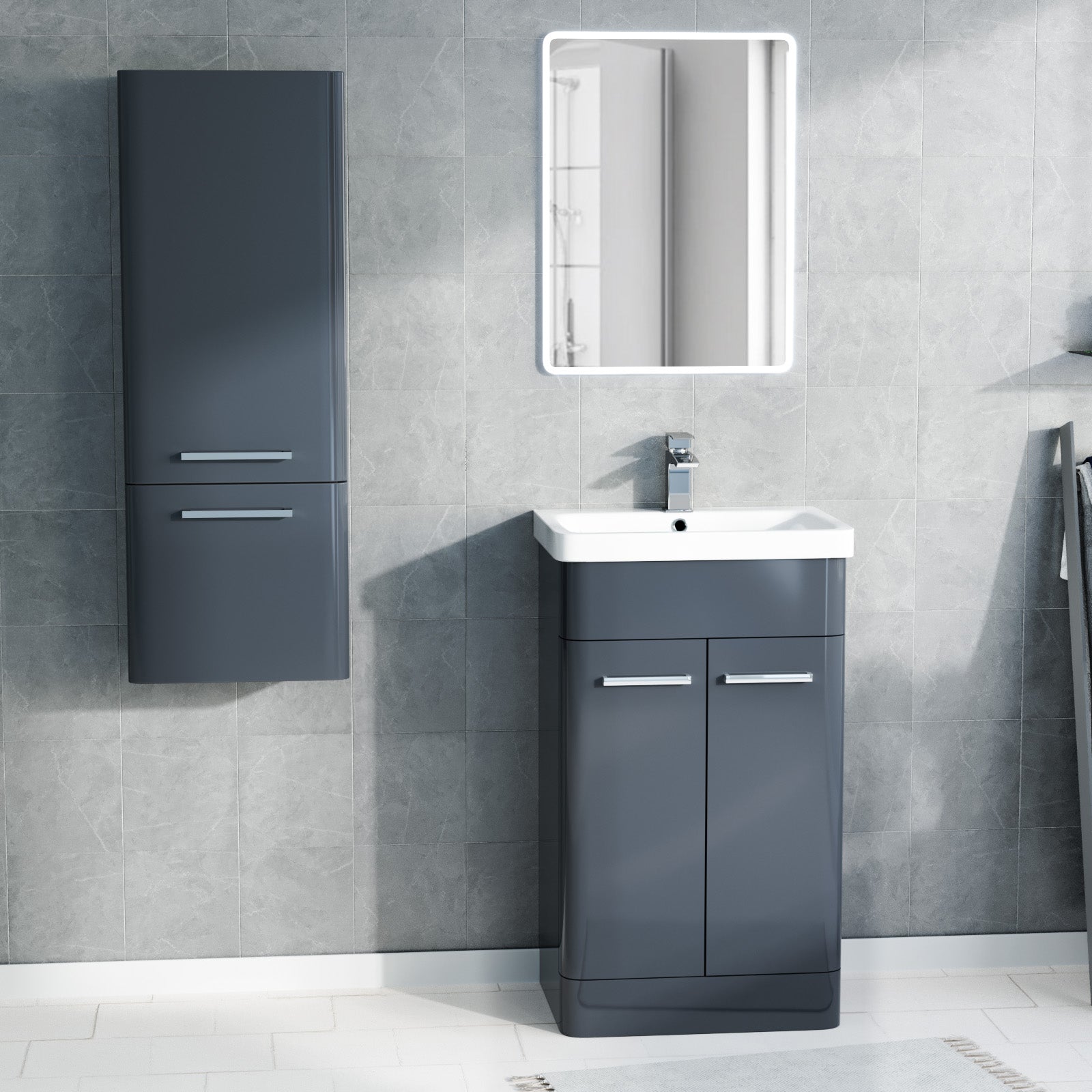 Afern 500mm Freestanding Dark Grey Basin Vanity, 350mm Wall Hung Tall Cabinet