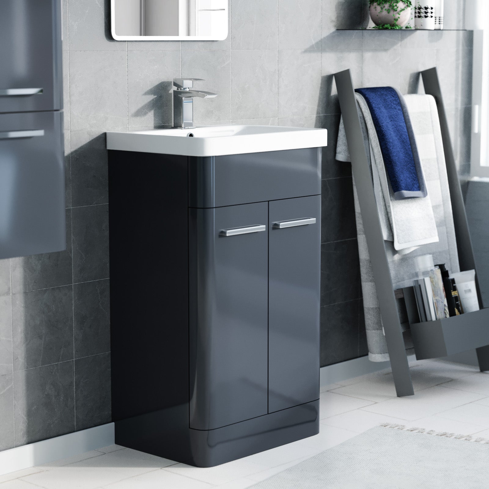 Afern 500mm Freestanding Dark Grey Basin Vanity, 350mm Wall Hung Tall Cabinet