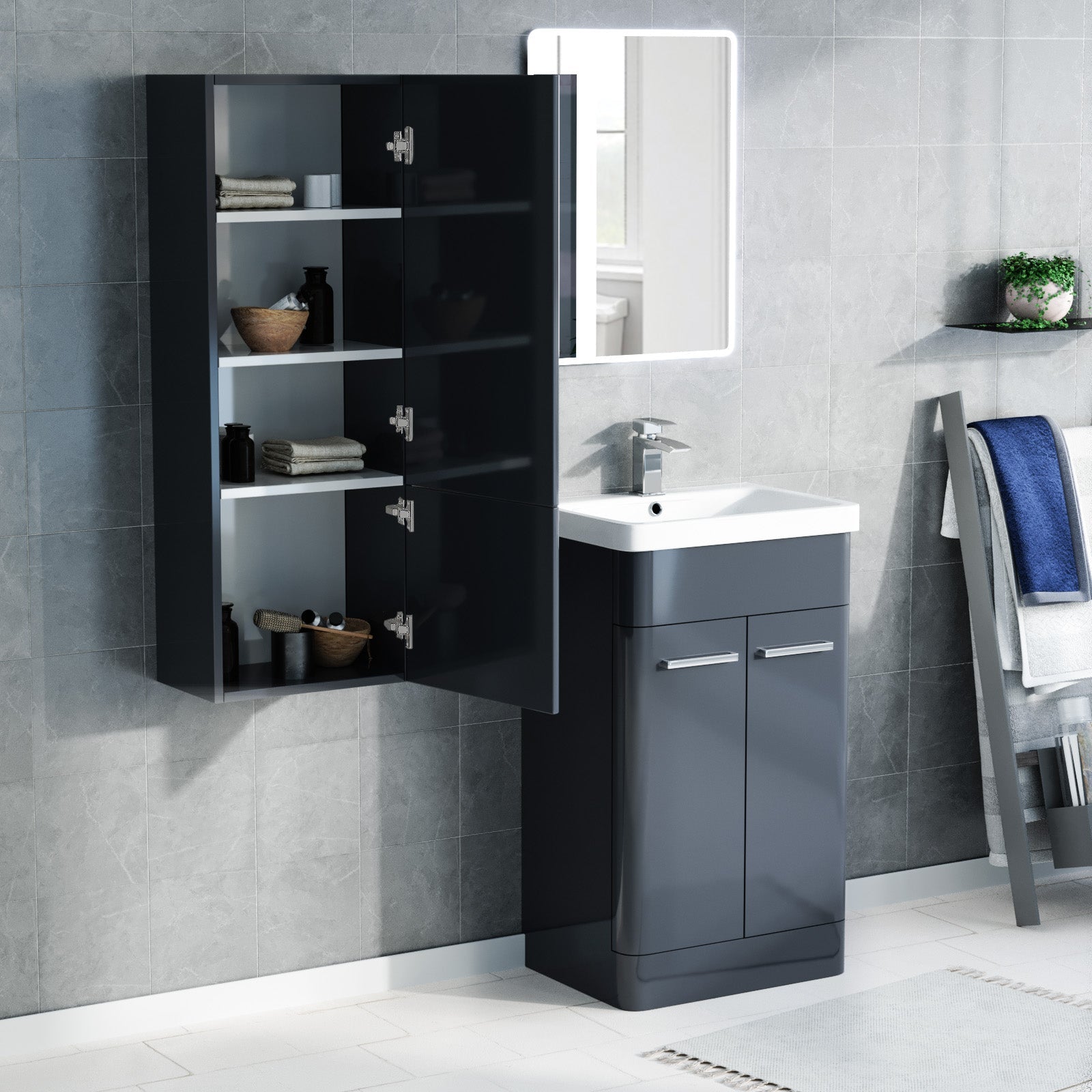 Afern 500mm Freestanding Dark Grey Basin Vanity, 350mm Wall Hung Tall Cabinet