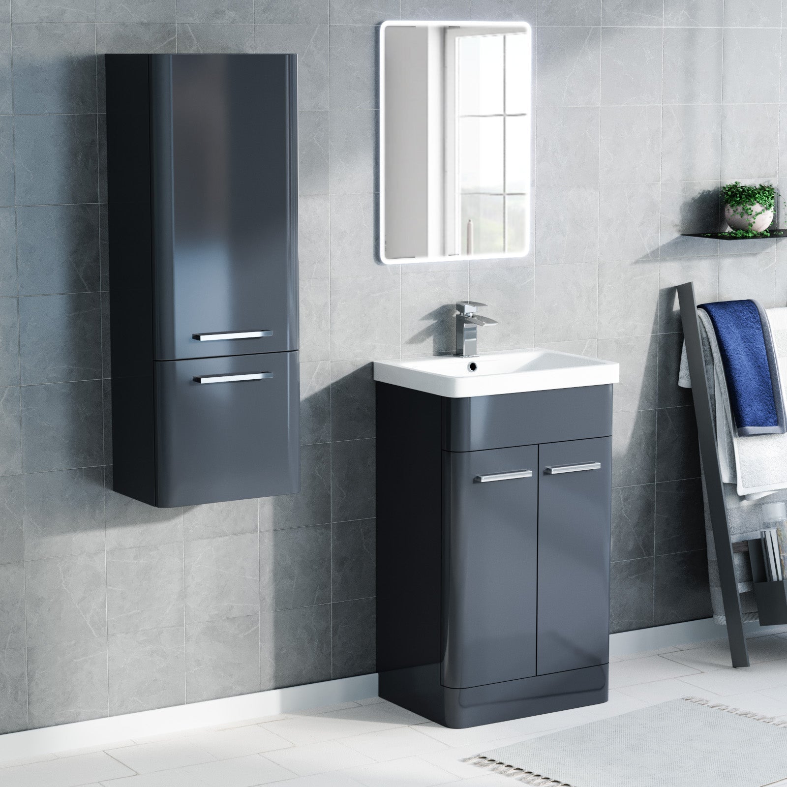 Afern 500mm Freestanding Dark Grey Basin Vanity, 350mm Wall Hung Tall Cabinet